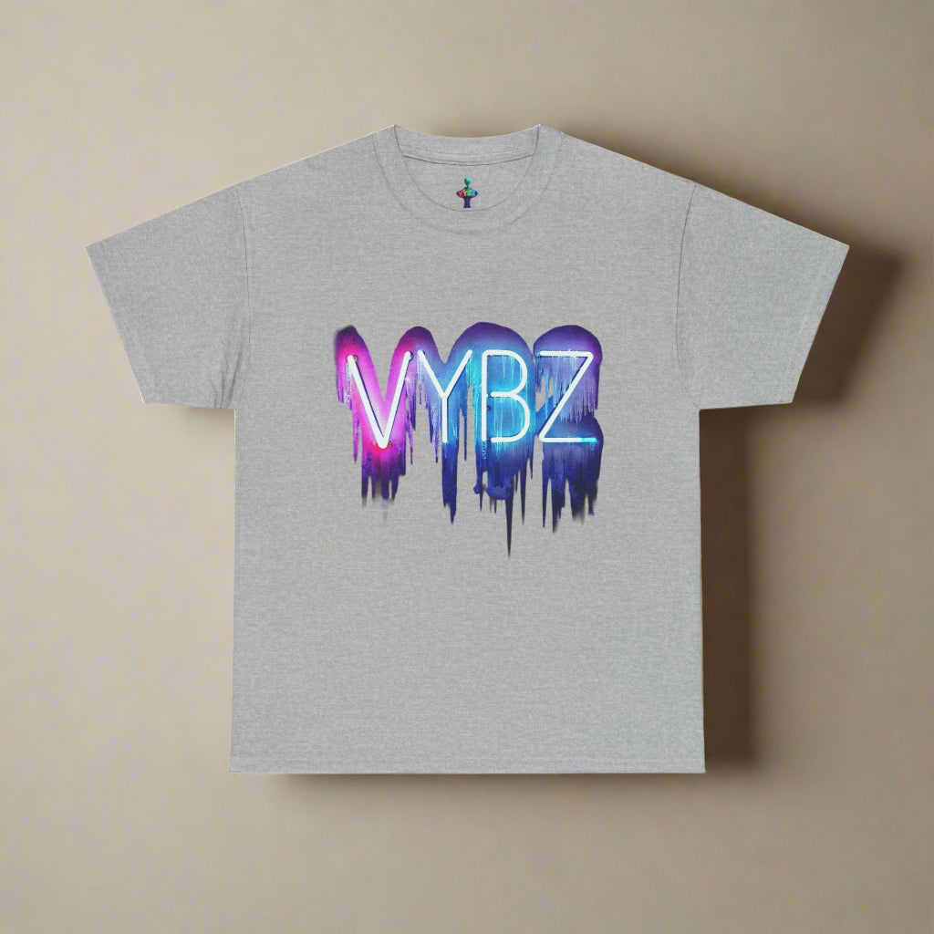 Gray t-shirt with colorful 'VYBZ' logo on a Beige background