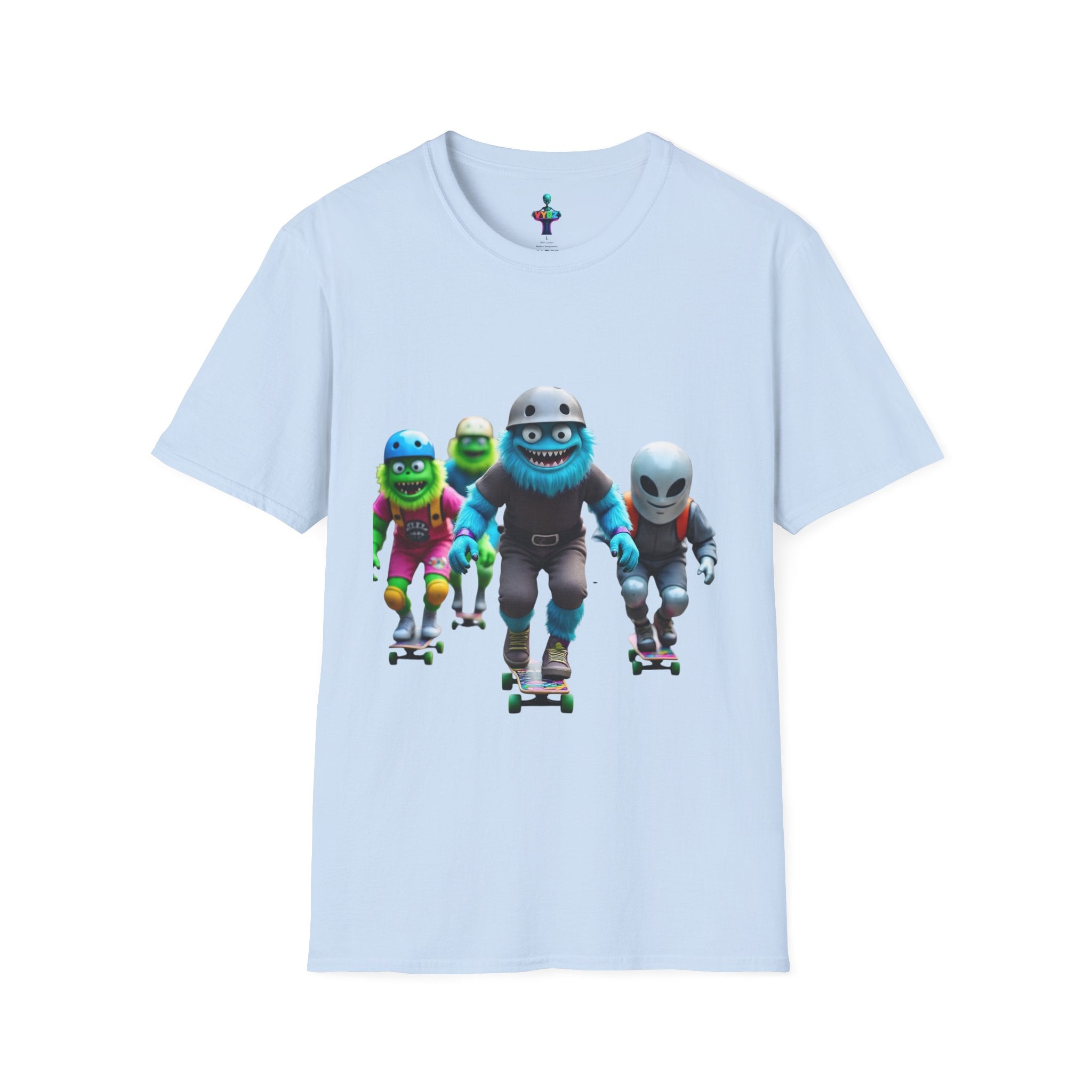 VYBZ Playful Cartoon Retro Skater T-Shirt, Fun Streetwear, Unisex Tee for Kids and Adults, Summer Outfits, Gift for Skateboarding Enthusiasts