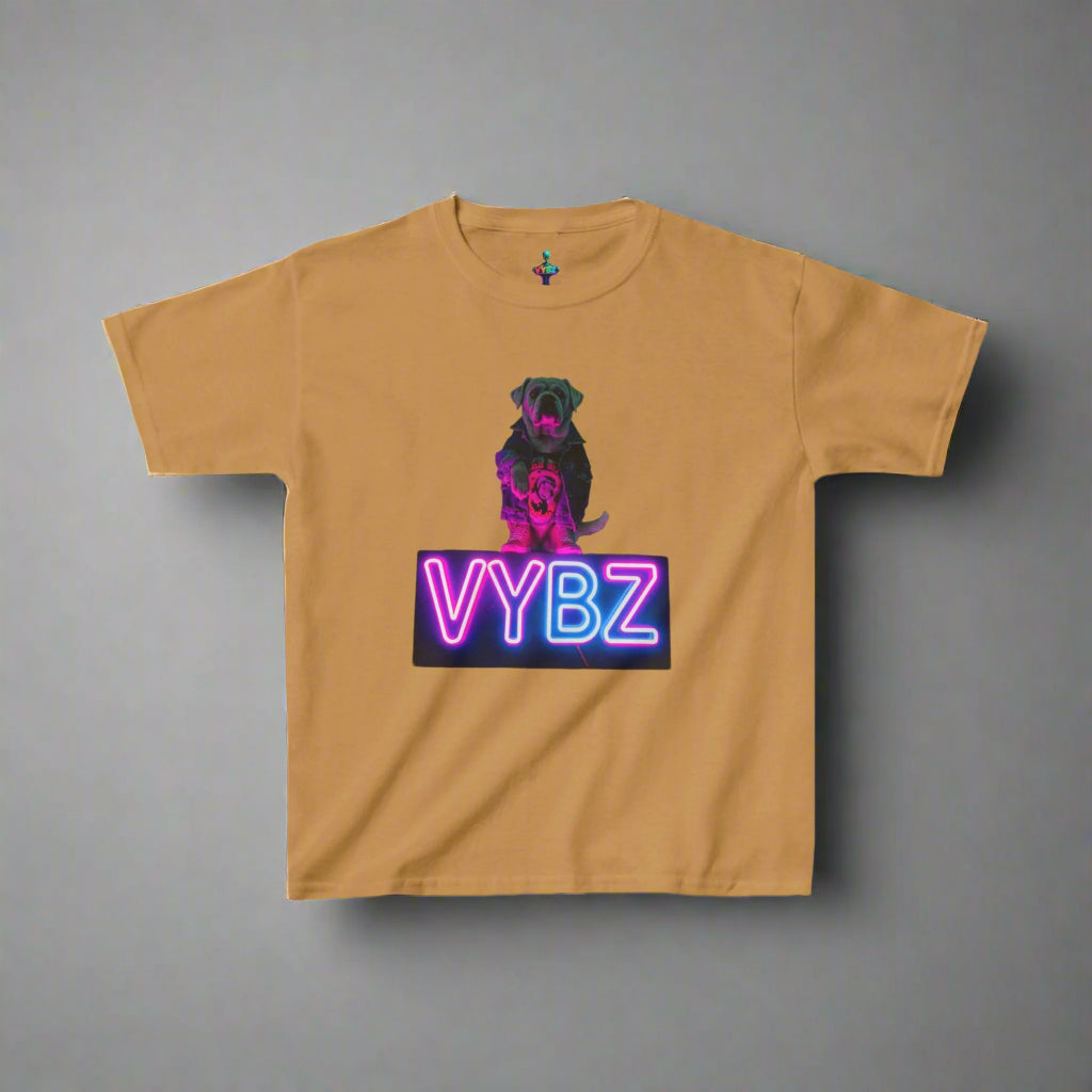 VYBZ Kids Graphic Tee, Neon Dog Shirt, Fun Casual Wear, Birthday Gift, Cool Kids Apparel, Summer Vacation Top