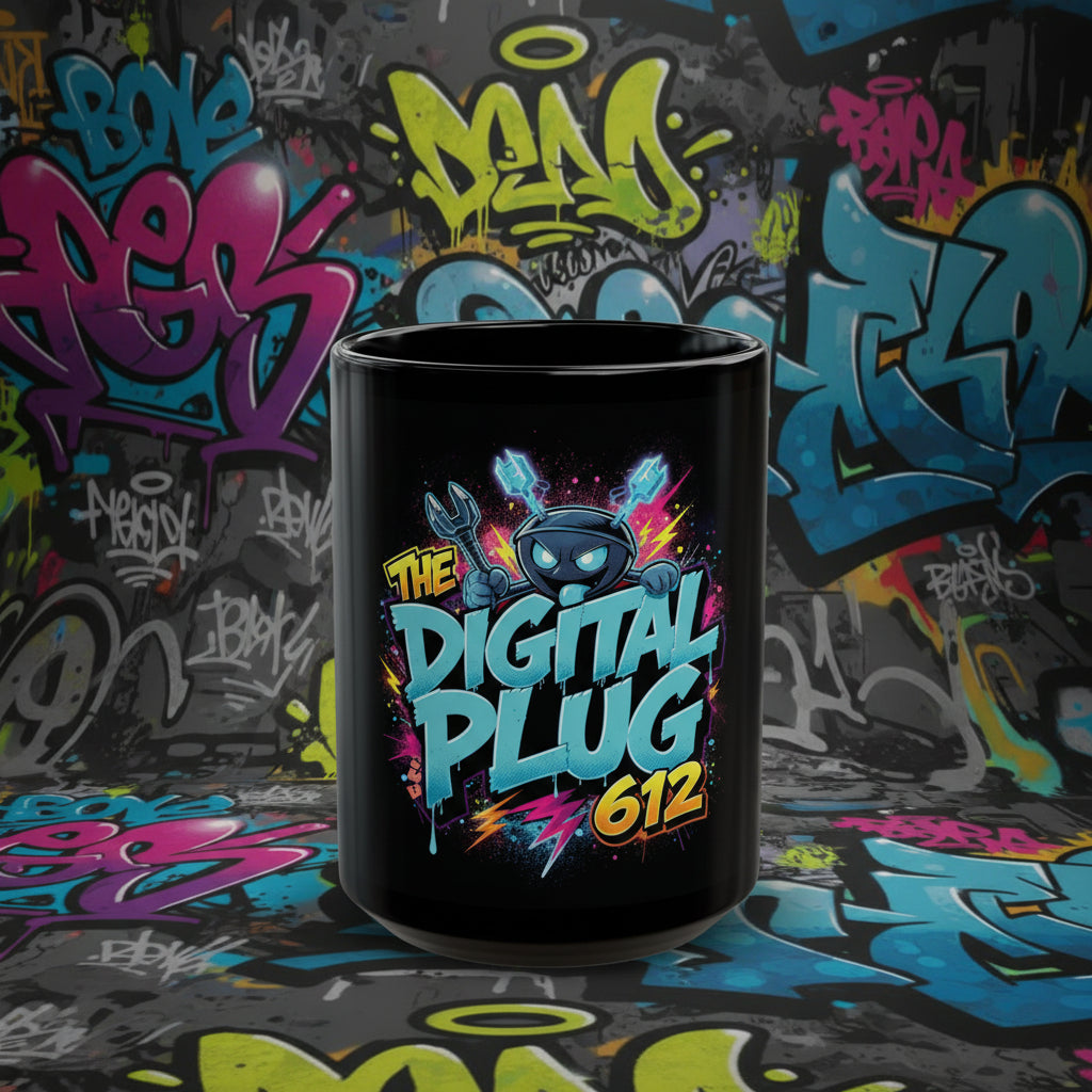 Digital Plug 612 Black Mug — Neon Gamer Logo Coffee Cup (11oz/15oz)