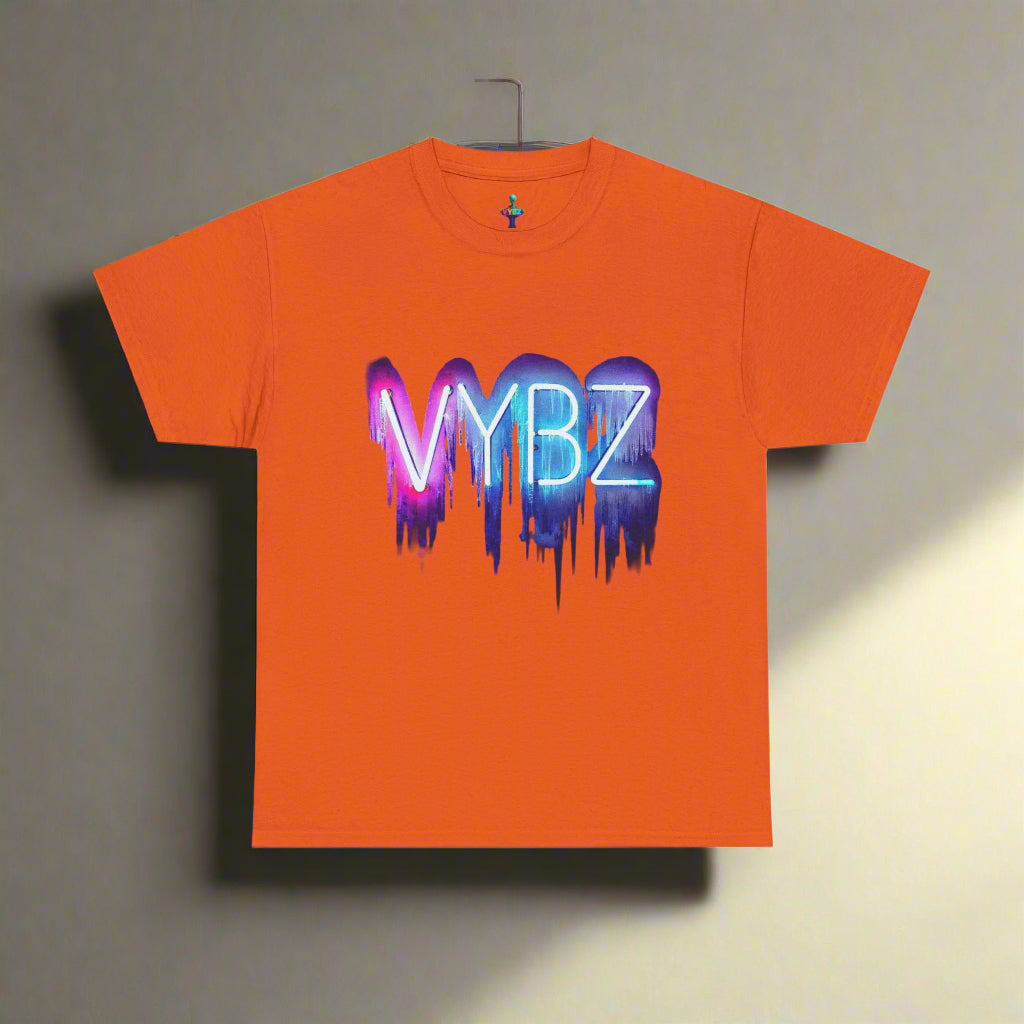 Orange t-shirt with colorful 'MYBZ' design on a beige background
