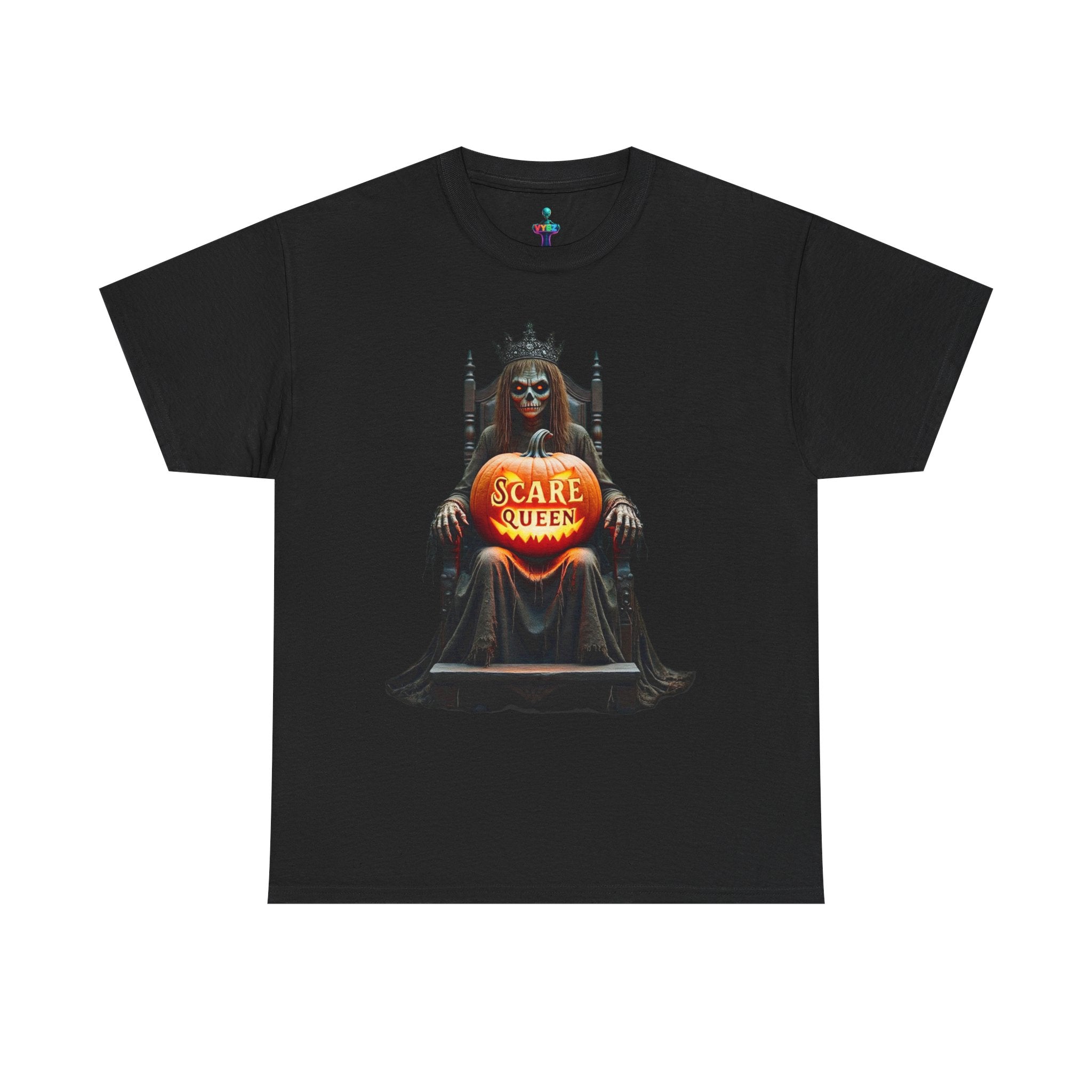 VYBZ Scare Queen Unisex Heavy Cotton Tee, Halloween T-Shirt, Horror Movie Fan Apparel, Gothic Fashion, Spooky Gift
