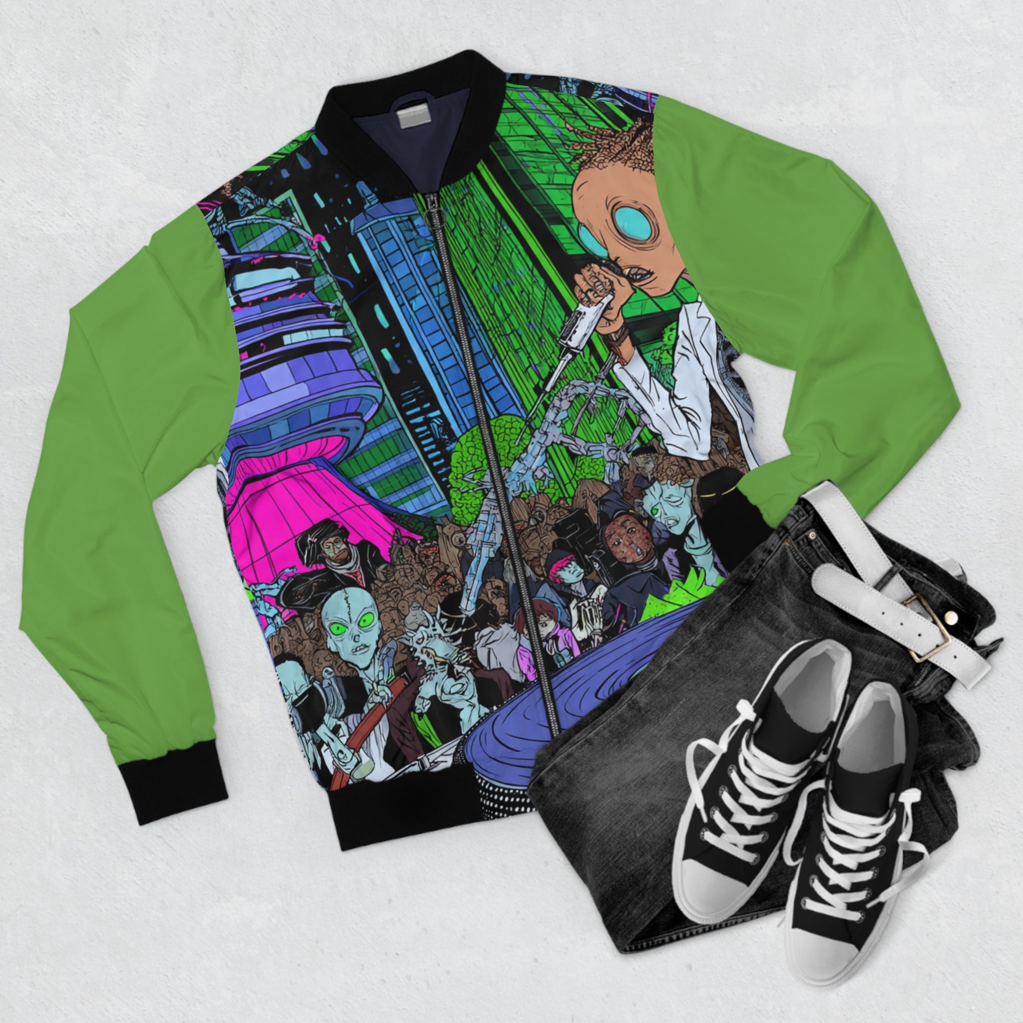 Alien DJ Men's Bomber Jacket, Urban Fashion, Statement Piece, Gift for Music Lovers, Vibrant AOP Design, Streetwear