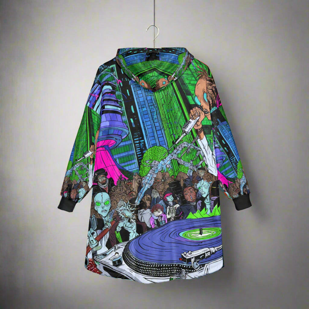 Vibrant Alien DJ Unisex Hooded Blanket, Cozy Concert Wear, Music Festival Gift, Funky Home Decor, Unique Lounge Apparel, Chill Vibes