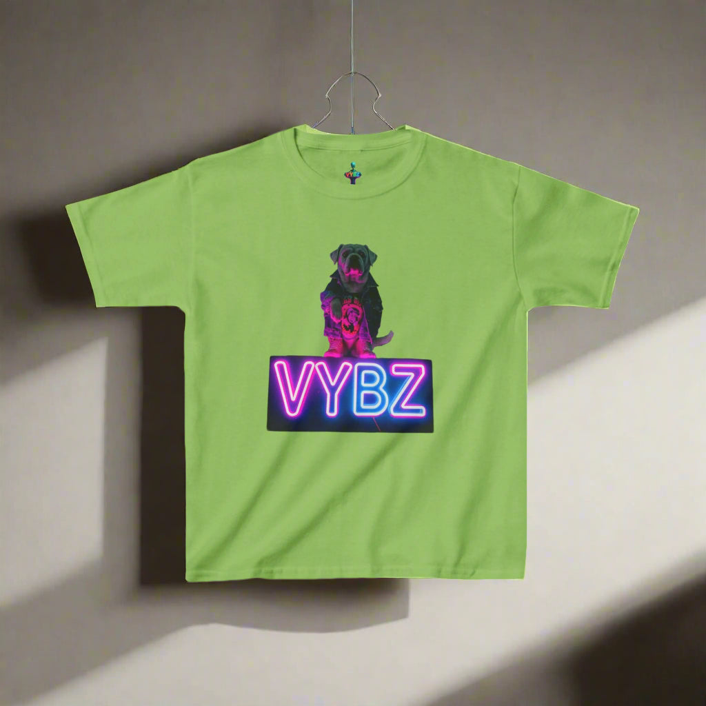 VYBZ Kids Graphic Tee, Neon Dog Shirt, Fun Casual Wear, Birthday Gift, Cool Kids Apparel, Summer Vacation Top