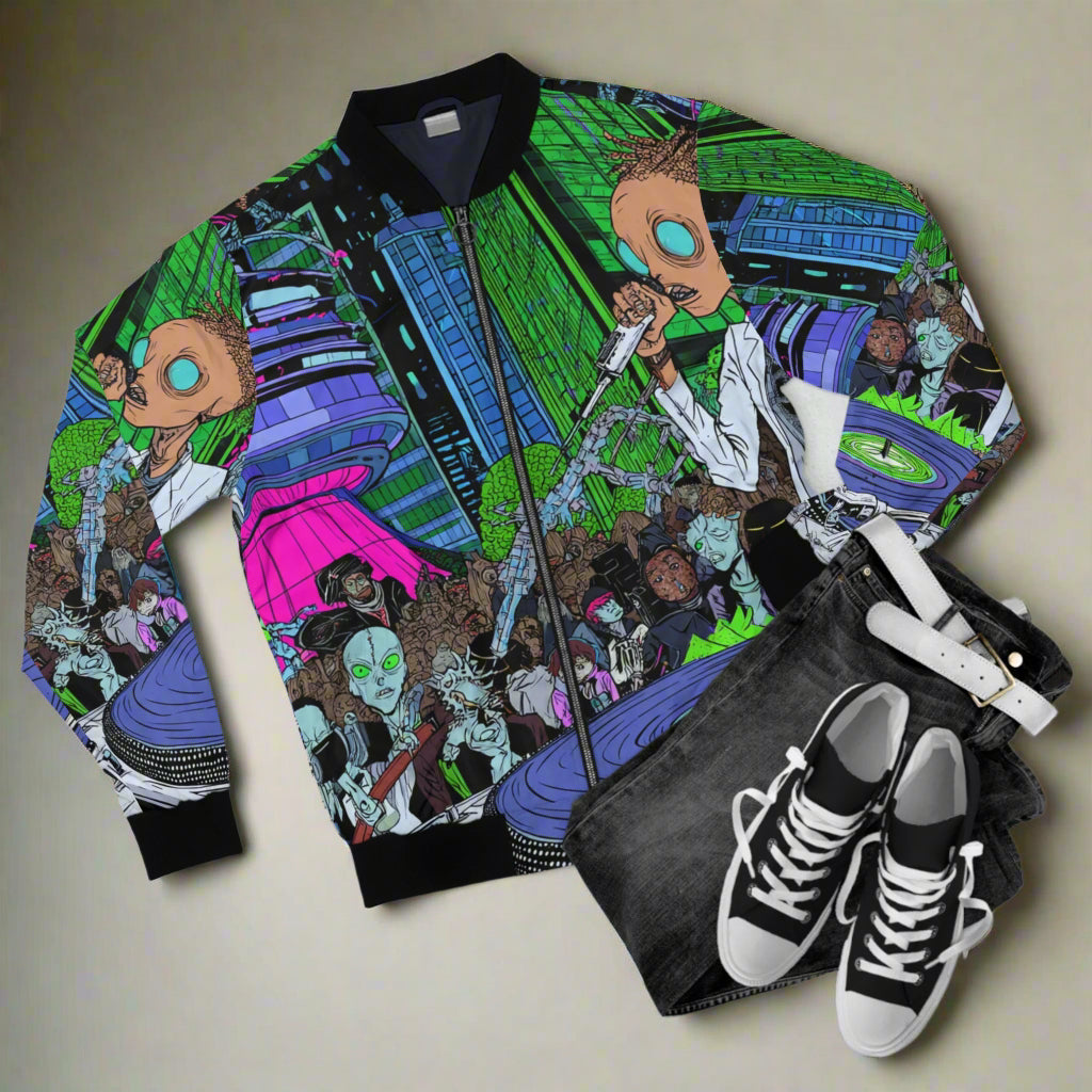 Funky Alien DJ Bomber Jacket, Urban Style, Streetwear Fashion, Perfect Gift for Music Lovers, Casual Outfits, Trendy Outerwear