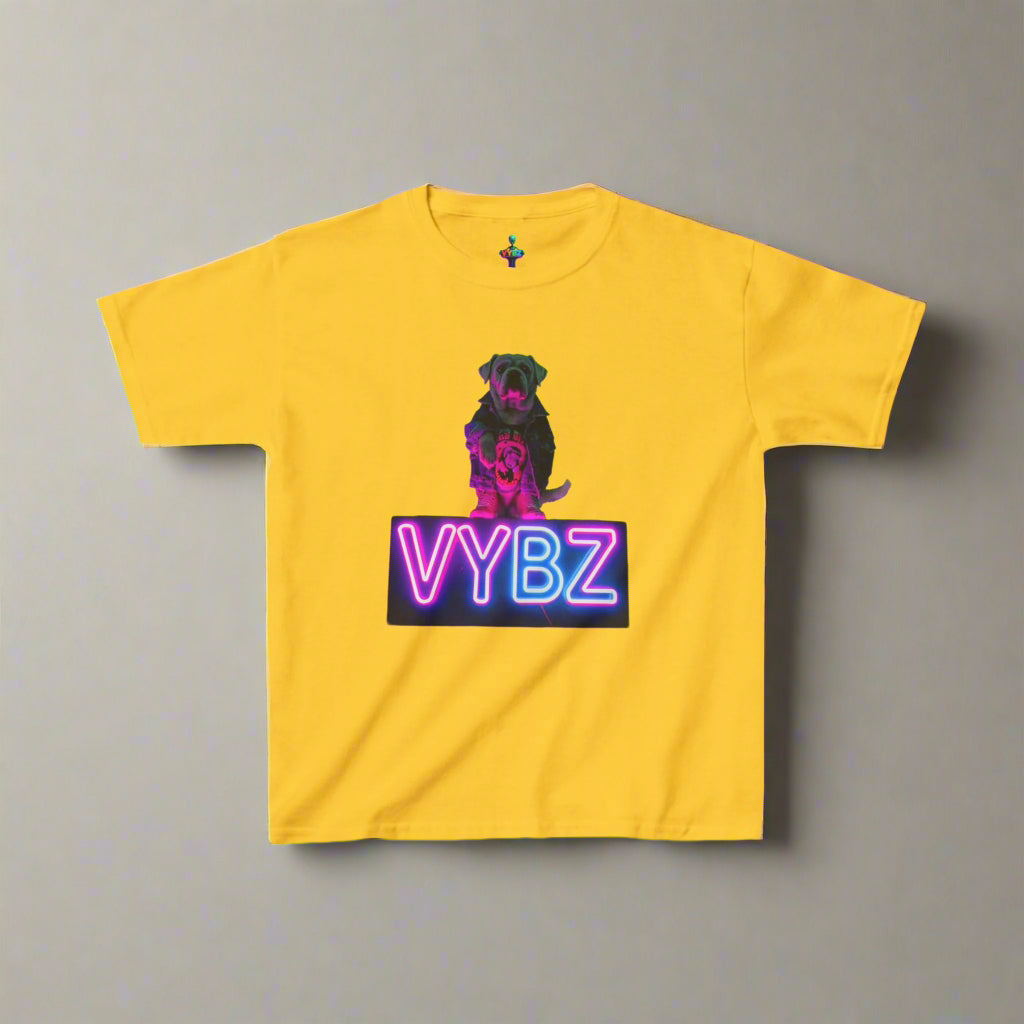 VYBZ Kids Graphic Tee, Neon Dog Shirt, Fun Casual Wear, Birthday Gift, Cool Kids Apparel, Summer Vacation Top