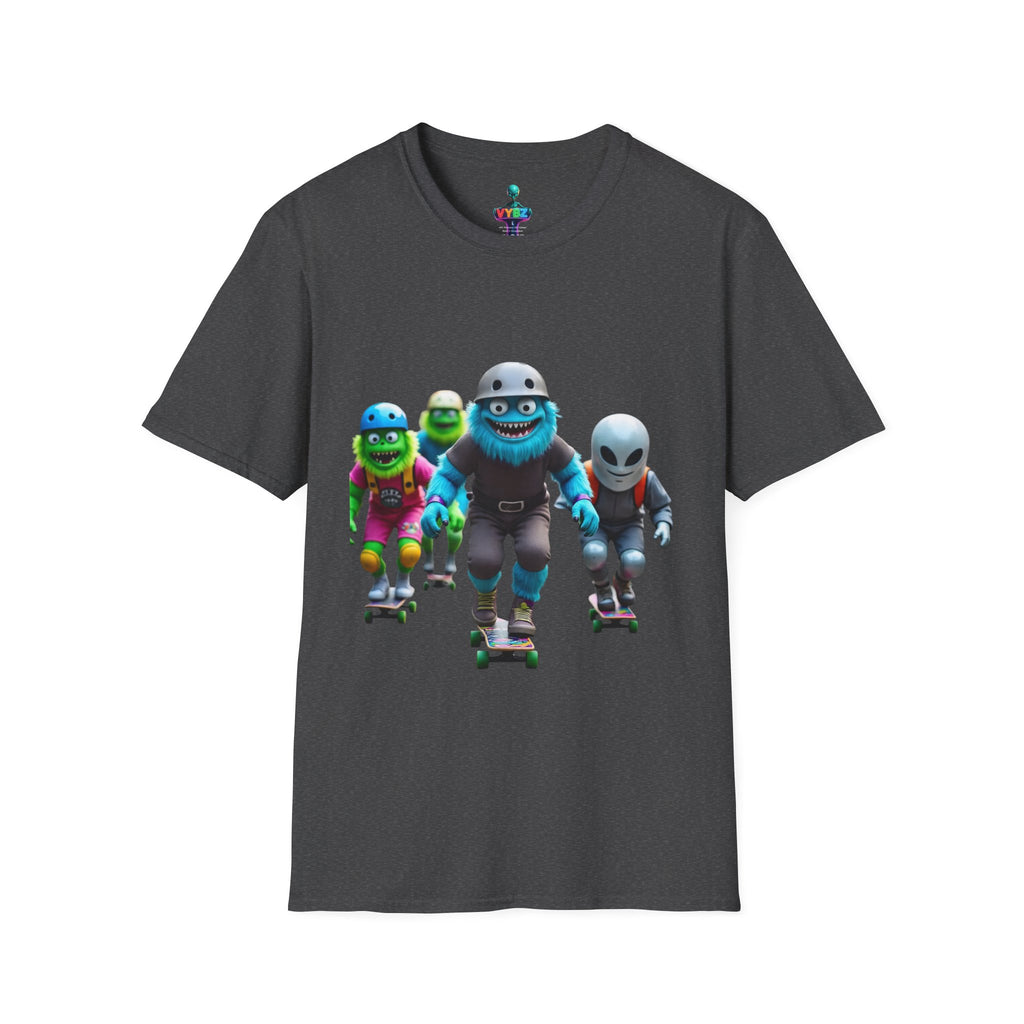 VYBZ Playful Cartoon Retro Skater T-Shirt, Fun Streetwear, Unisex Tee for Kids and Adults, Summer Outfits, Gift for Skateboarding Enthusiasts