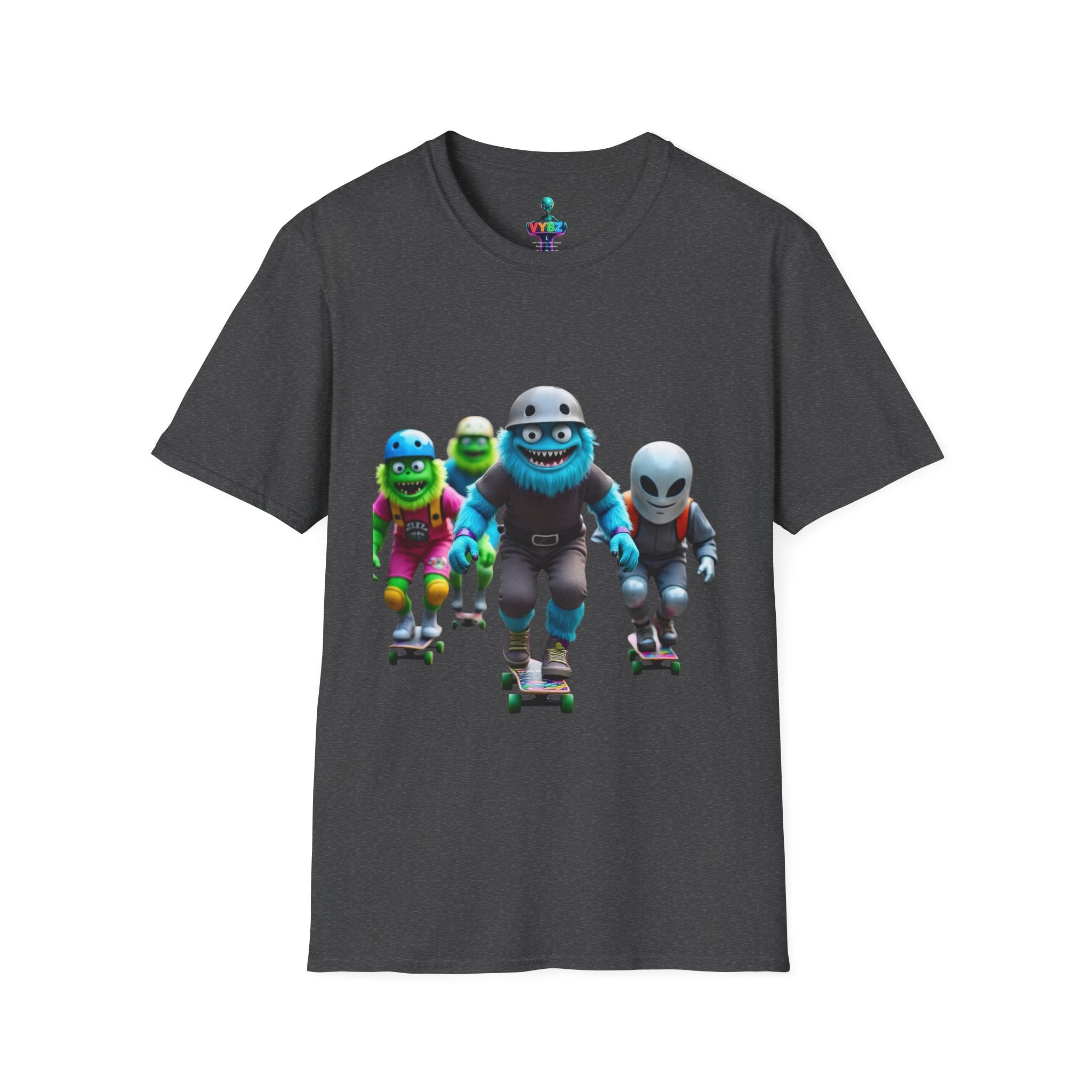 VYBZ Playful Cartoon Retro Skater T-Shirt, Fun Streetwear, Unisex Tee for Kids and Adults, Summer Outfits, Gift for Skateboarding Enthusiasts