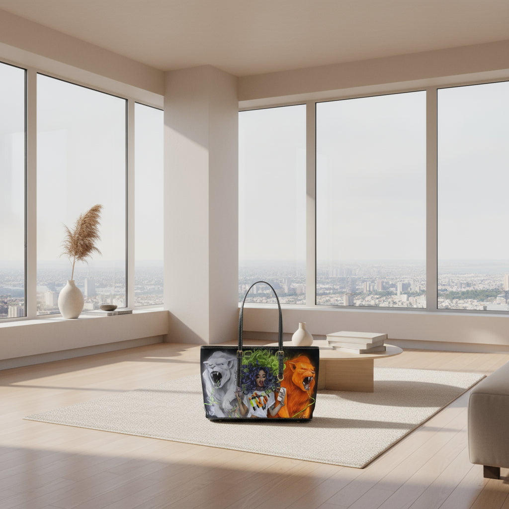 Tote bag with artistic design of a woman, lion, and wolf, surrounded by accessories on a white background.