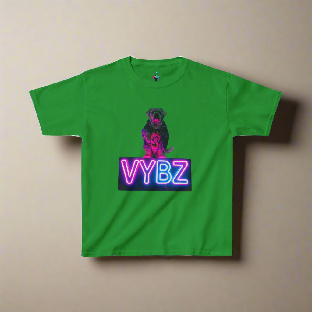 VYBZ Kids Graphic Tee, Neon Dog Shirt, Fun Casual Wear, Birthday Gift, Cool Kids Apparel, Summer Vacation Top