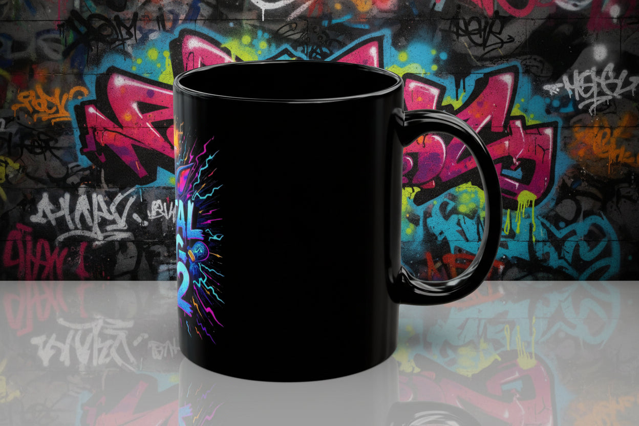 Black mug with colorful abstract design on a white background
