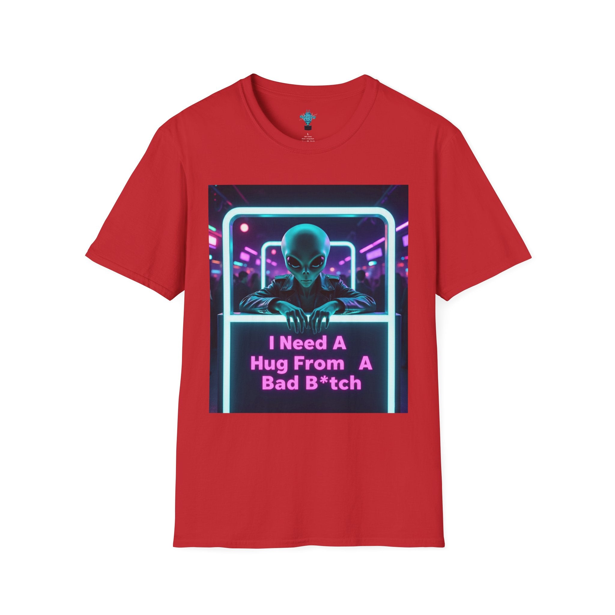 VYBZ Funny Alien Graphic T-Shirt, I Need A Hug From A Bad B*tch Tee, Unisex Casual Wear, Gift for Gamers, Science Fiction Fans, Birthday