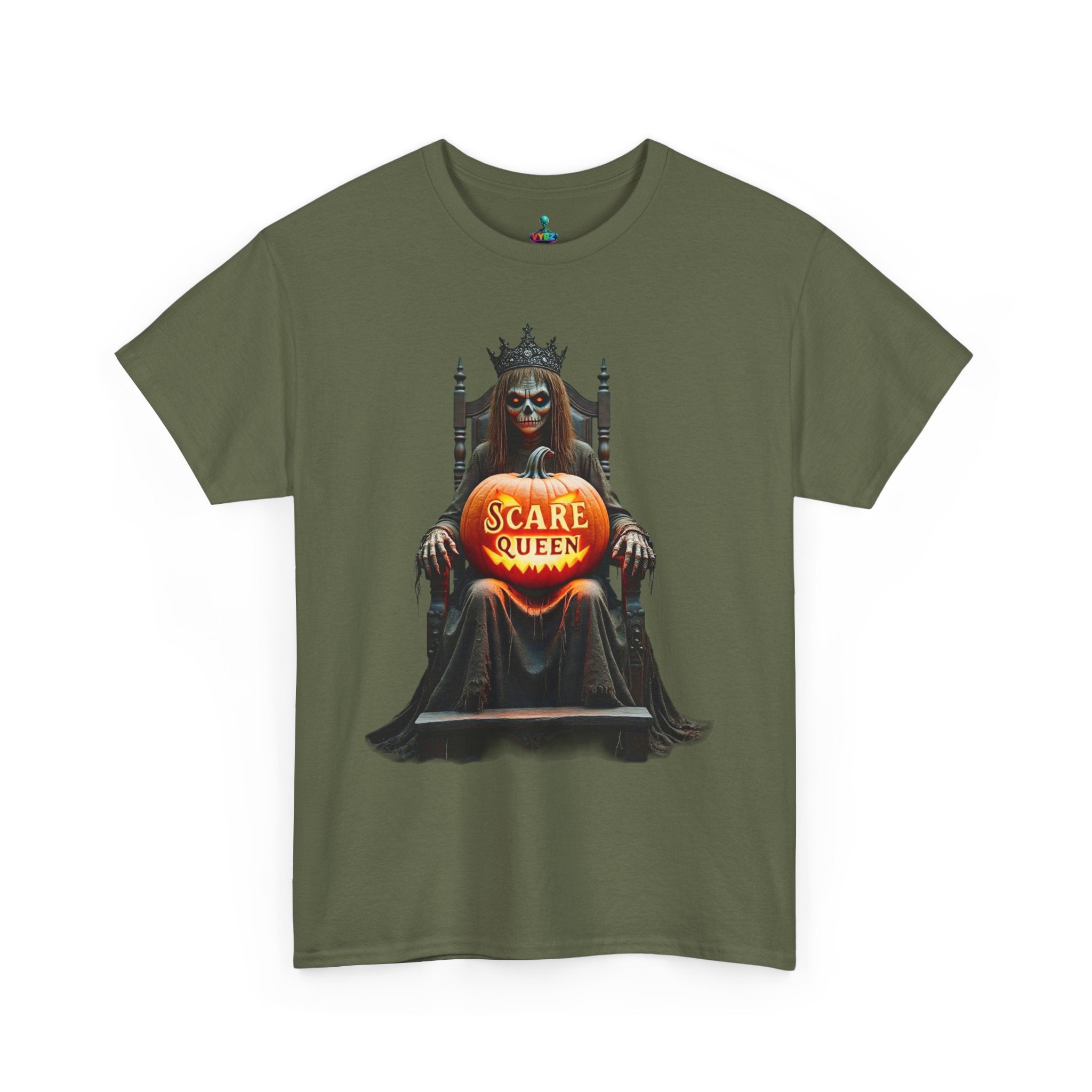 VYBZ Scare Queen Unisex Heavy Cotton Tee, Halloween T-Shirt, Horror Movie Fan Apparel, Gothic Fashion, Spooky Gift