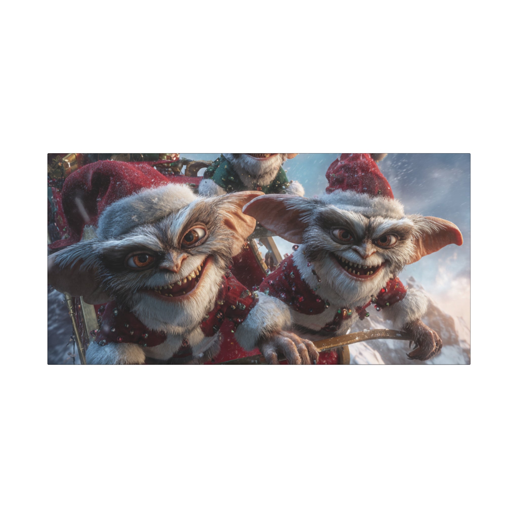 Holiday Gremlin Canvas Print — Festive Mischievous Gremlins in Sleigh