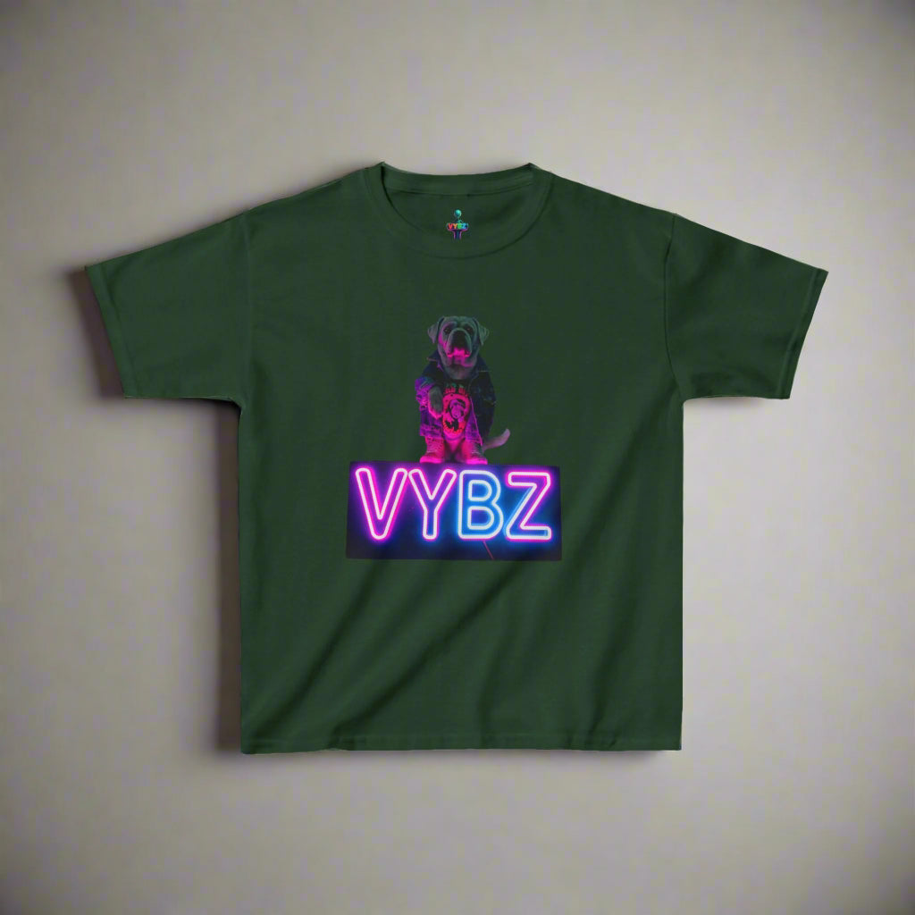 VYBZ Kids Graphic Tee, Neon Dog Shirt, Fun Casual Wear, Birthday Gift, Cool Kids Apparel, Summer Vacation Top