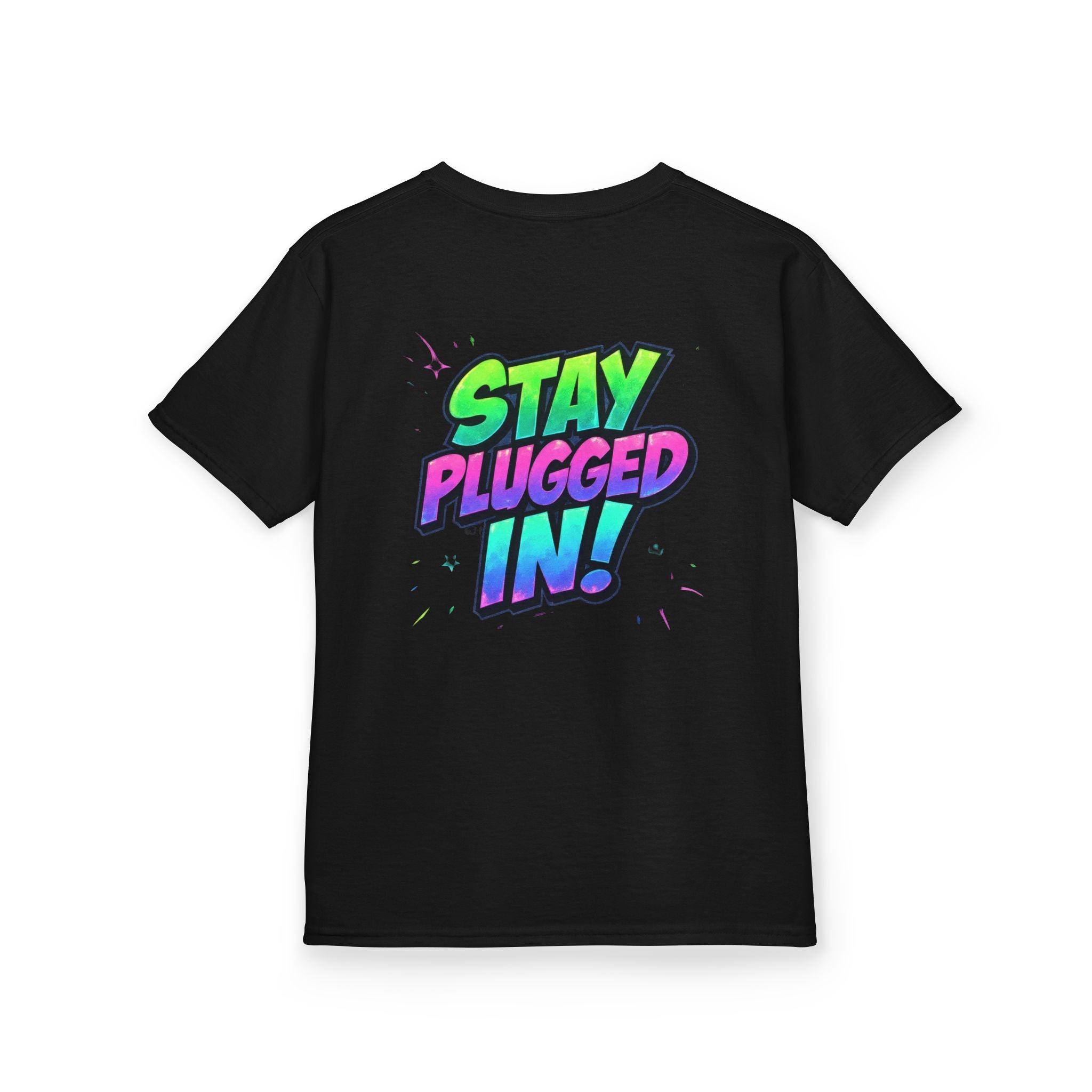 Kids Tee — 'Plugz' Cartoon Monster Front + "Stay Plugged In!" Neon Back