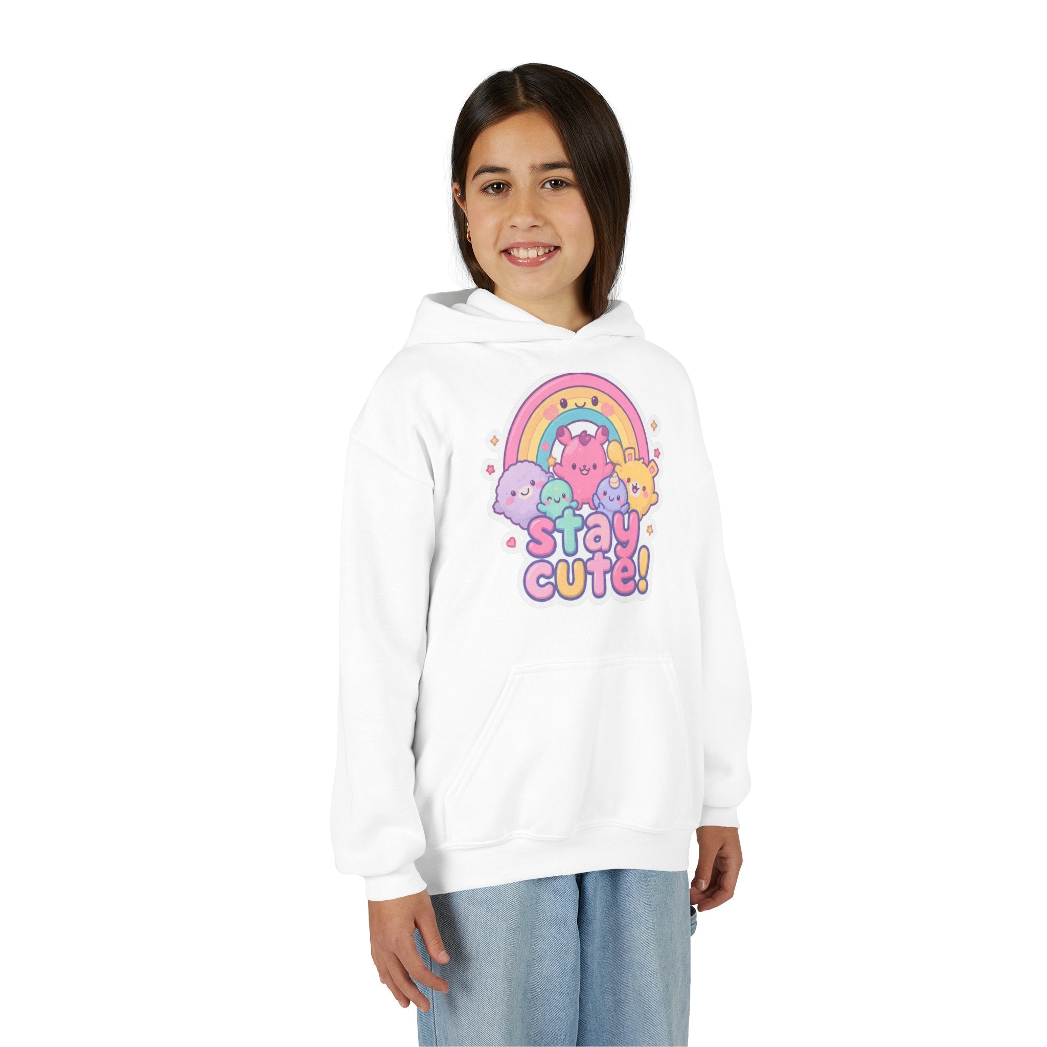 Youth Hoodie — 'Stay Cute!' Pastel Rainbow Kawaii Graphic