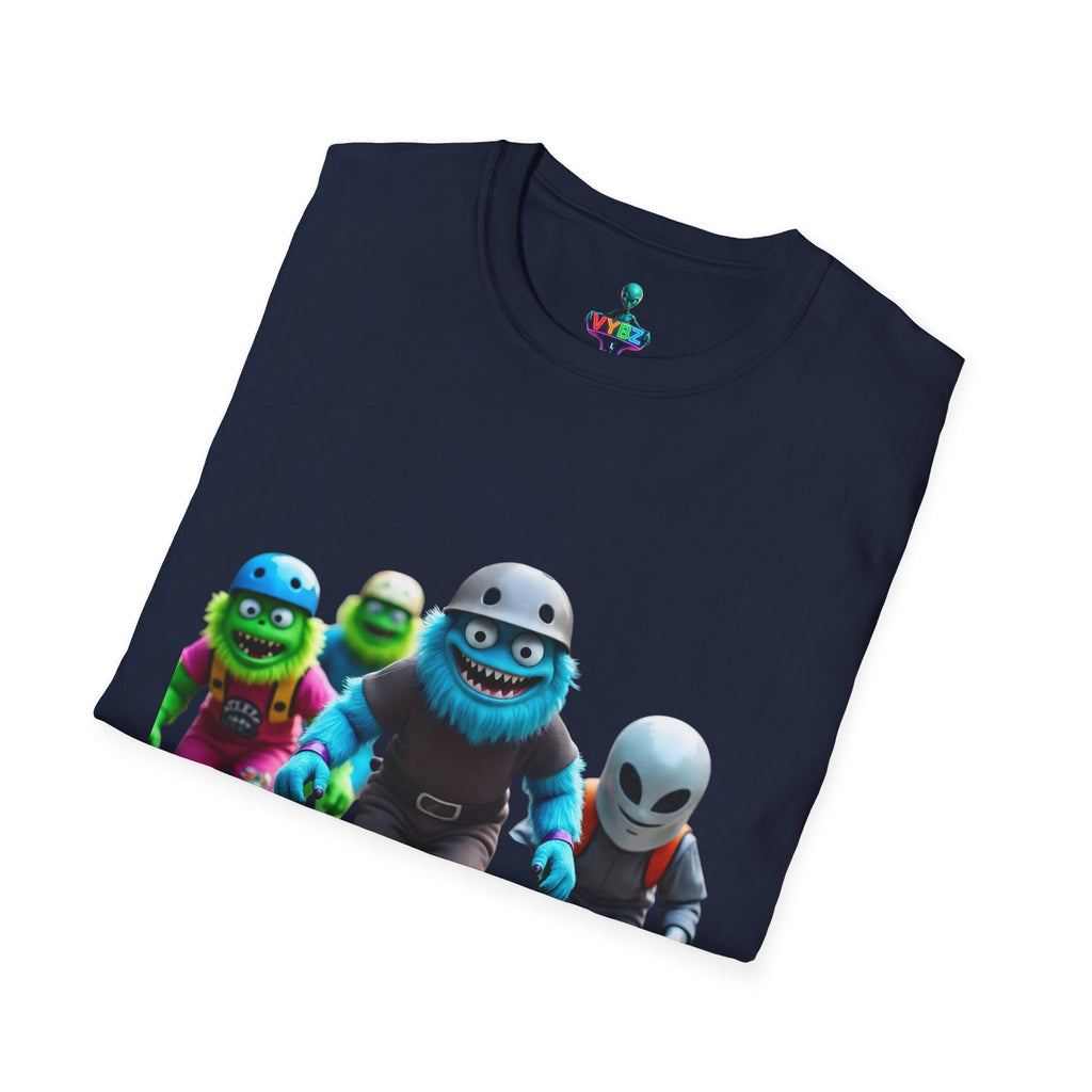 VYBZ Playful Cartoon Retro Skater T-Shirt, Fun Streetwear, Unisex Tee for Kids and Adults, Summer Outfits, Gift for Skateboarding Enthusiasts