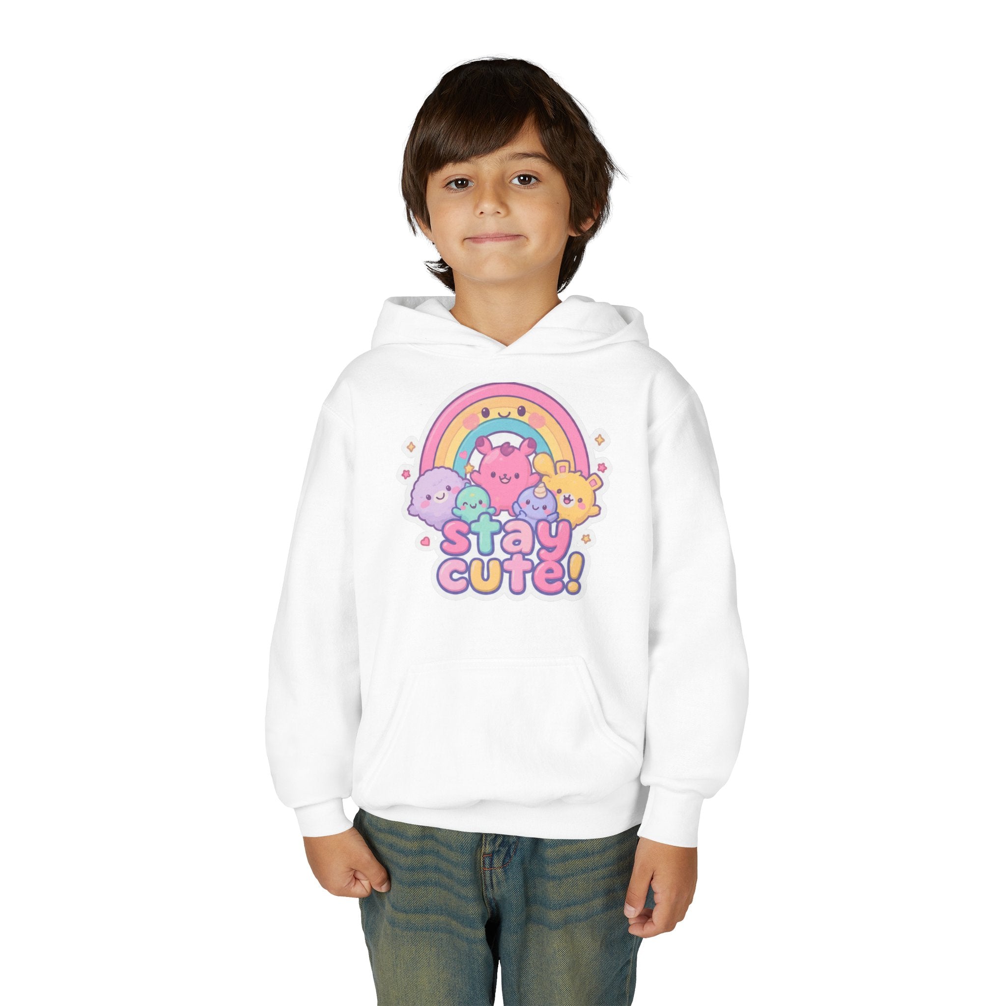 Youth Hoodie — 'Stay Cute!' Pastel Rainbow Kawaii Graphic