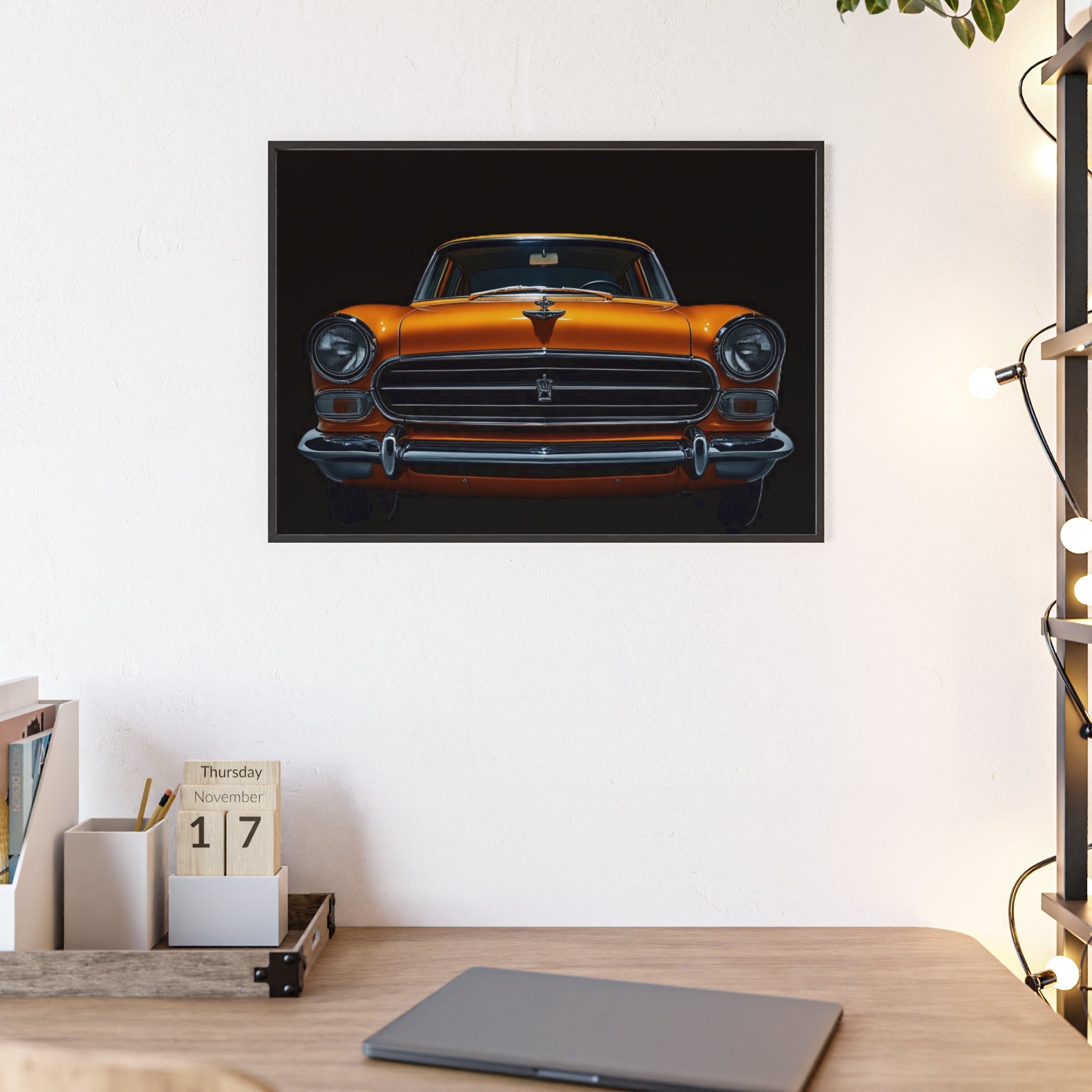 Classic Car Art Poster with Wooden Frame, Vintage Auto Decor, Gift for Car Lovers, Retro Wall Art, Home & Office Decoration