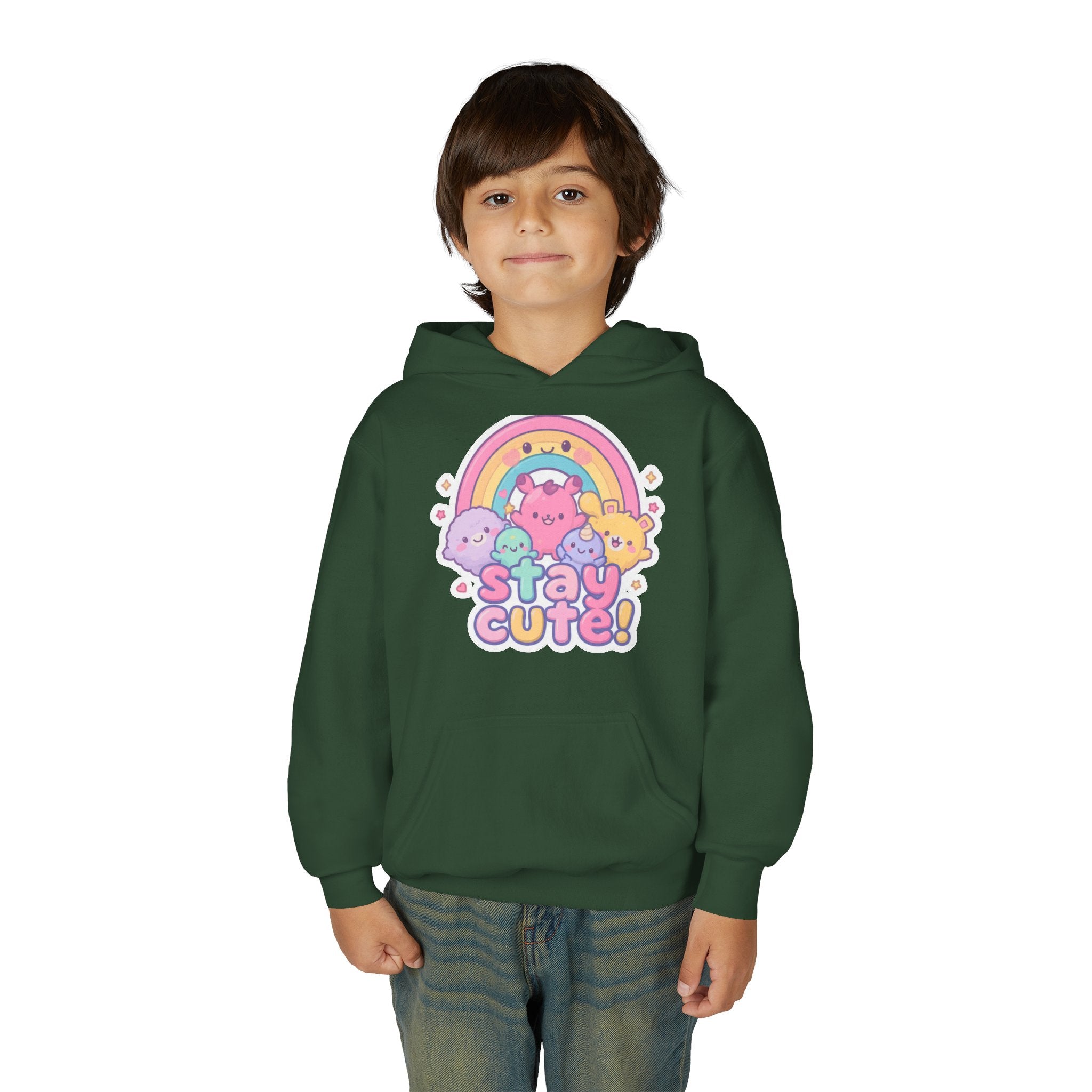 Youth Hoodie — 'Stay Cute!' Pastel Rainbow Kawaii Graphic