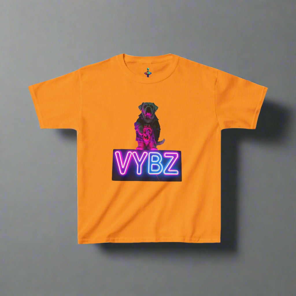 VYBZ Kids Graphic Tee, Neon Dog Shirt, Fun Casual Wear, Birthday Gift, Cool Kids Apparel, Summer Vacation Top