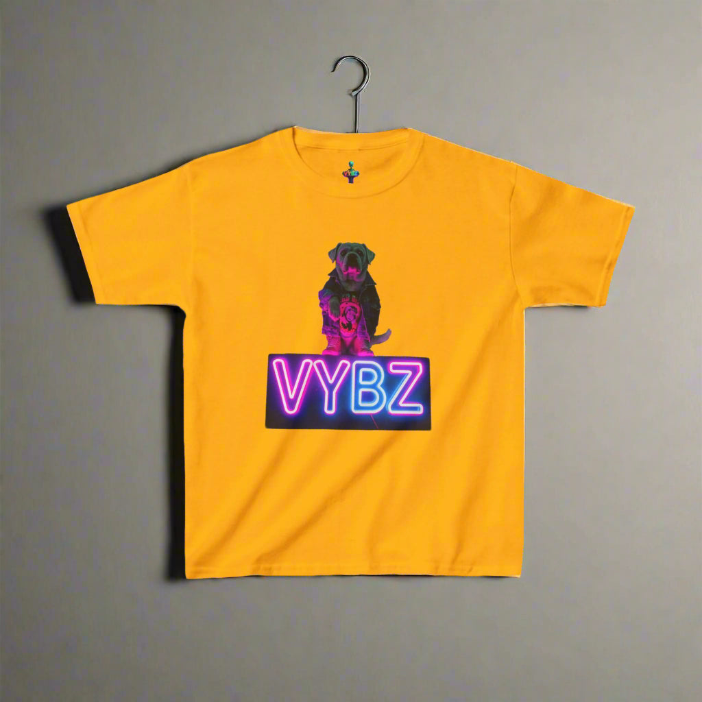 VYBZ Kids Graphic Tee, Neon Dog Shirt, Fun Casual Wear, Birthday Gift, Cool Kids Apparel, Summer Vacation Top