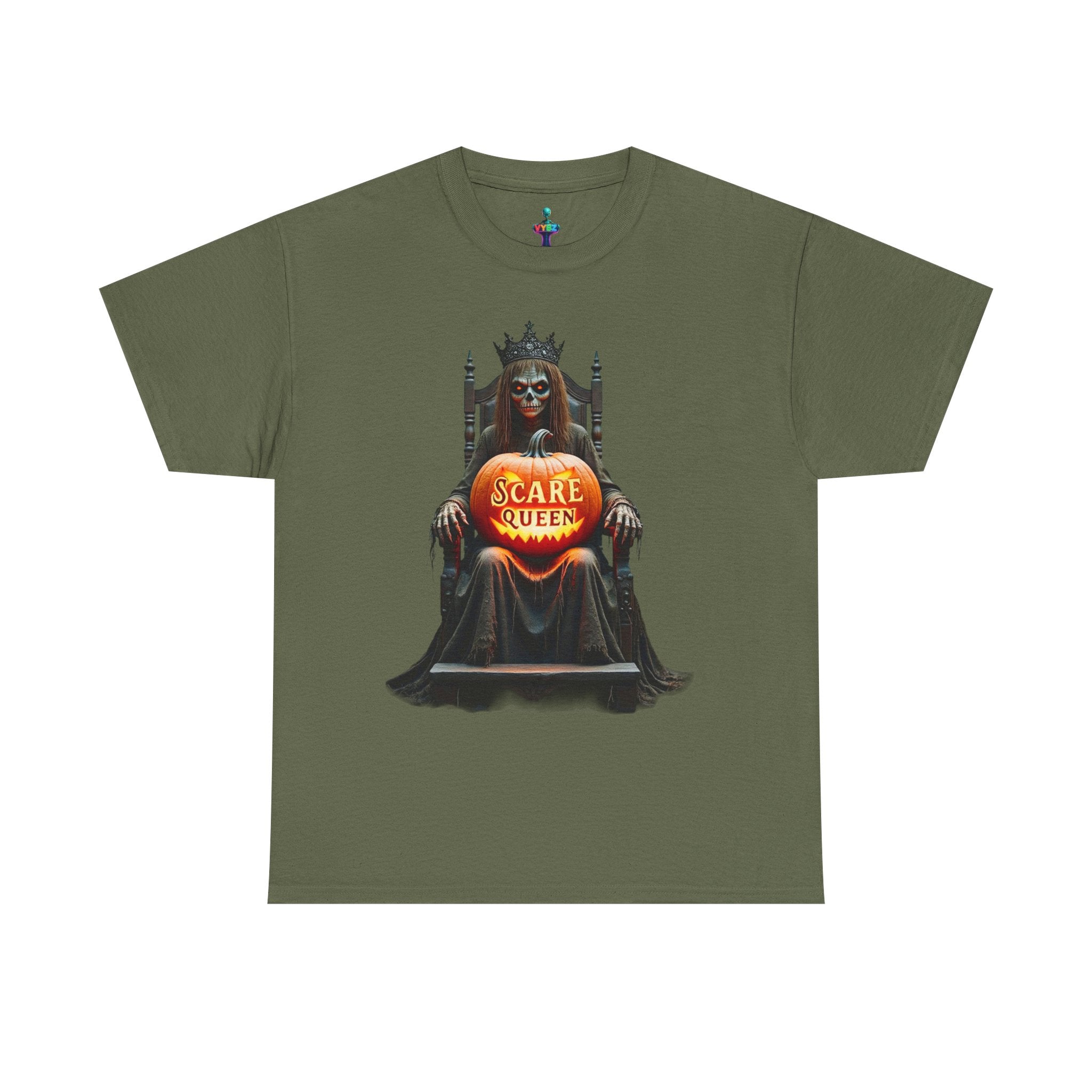 VYBZ Scare Queen Unisex Heavy Cotton Tee, Halloween T-Shirt, Horror Movie Fan Apparel, Gothic Fashion, Spooky Gift