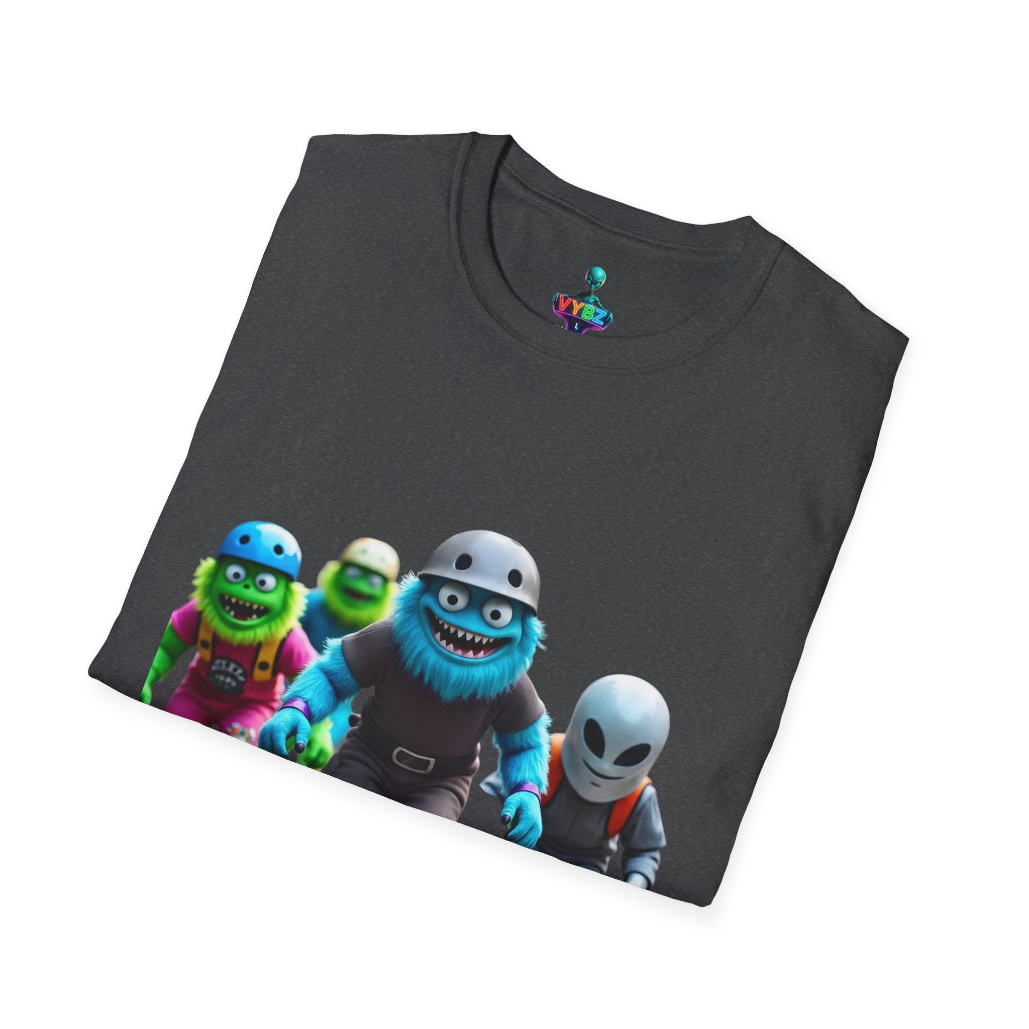 VYBZ Playful Cartoon Retro Skater T-Shirt, Fun Streetwear, Unisex Tee for Kids and Adults, Summer Outfits, Gift for Skateboarding Enthusiasts