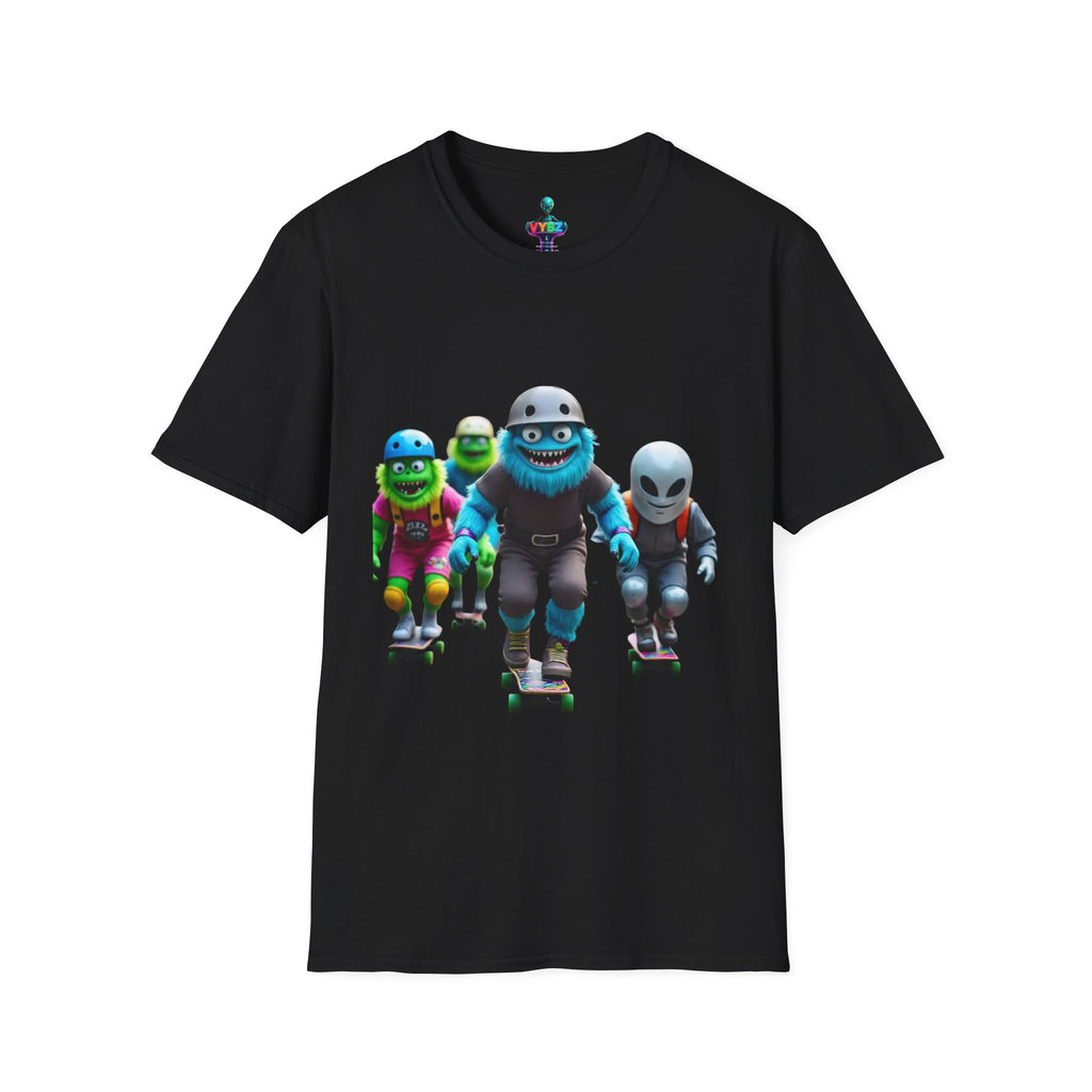 VYBZ Playful Cartoon Retro Skater T-Shirt, Fun Streetwear, Unisex Tee for Kids and Adults, Summer Outfits, Gift for Skateboarding Enthusiasts