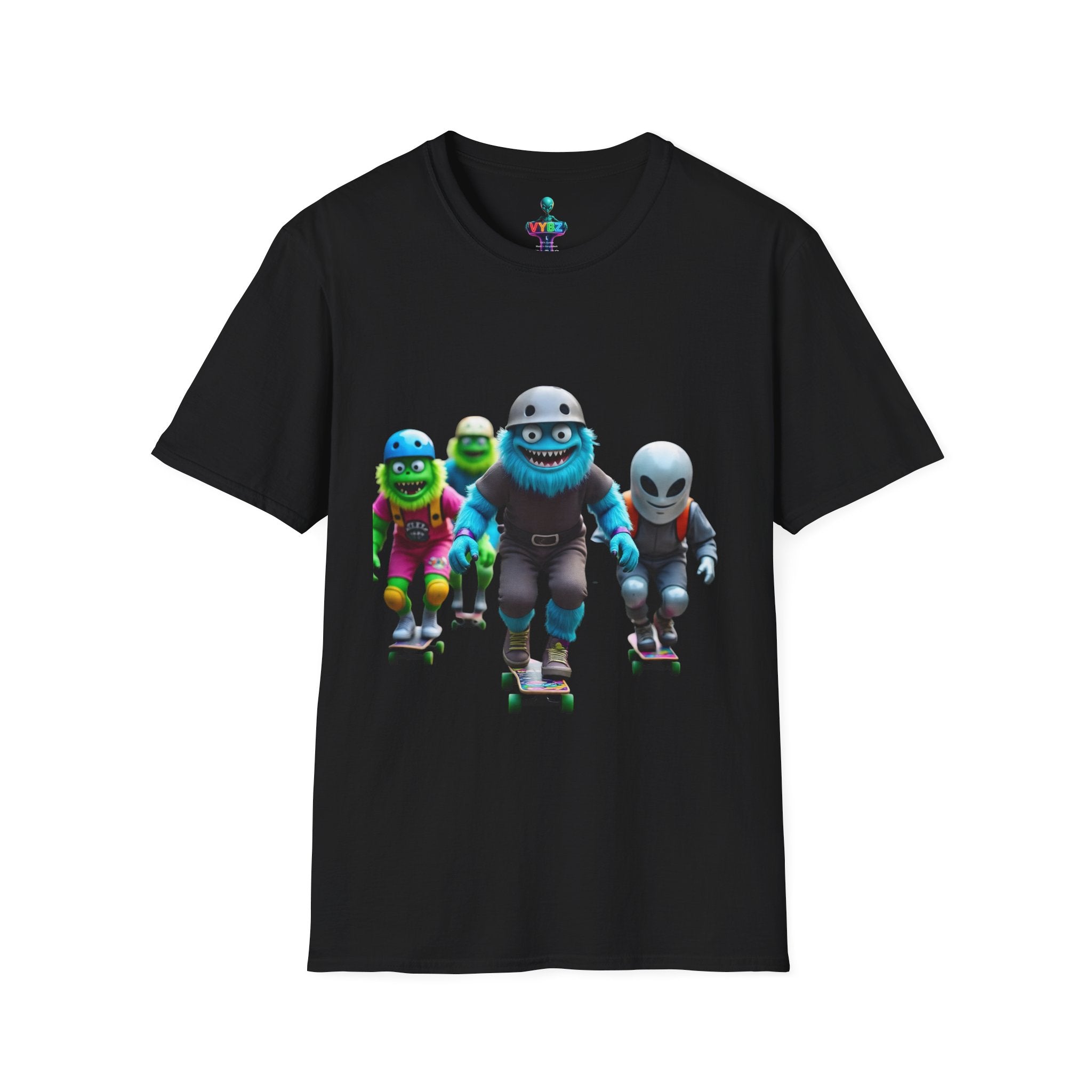 VYBZ Playful Cartoon Retro Skater T-Shirt, Fun Streetwear, Unisex Tee for Kids and Adults, Summer Outfits, Gift for Skateboarding Enthusiasts