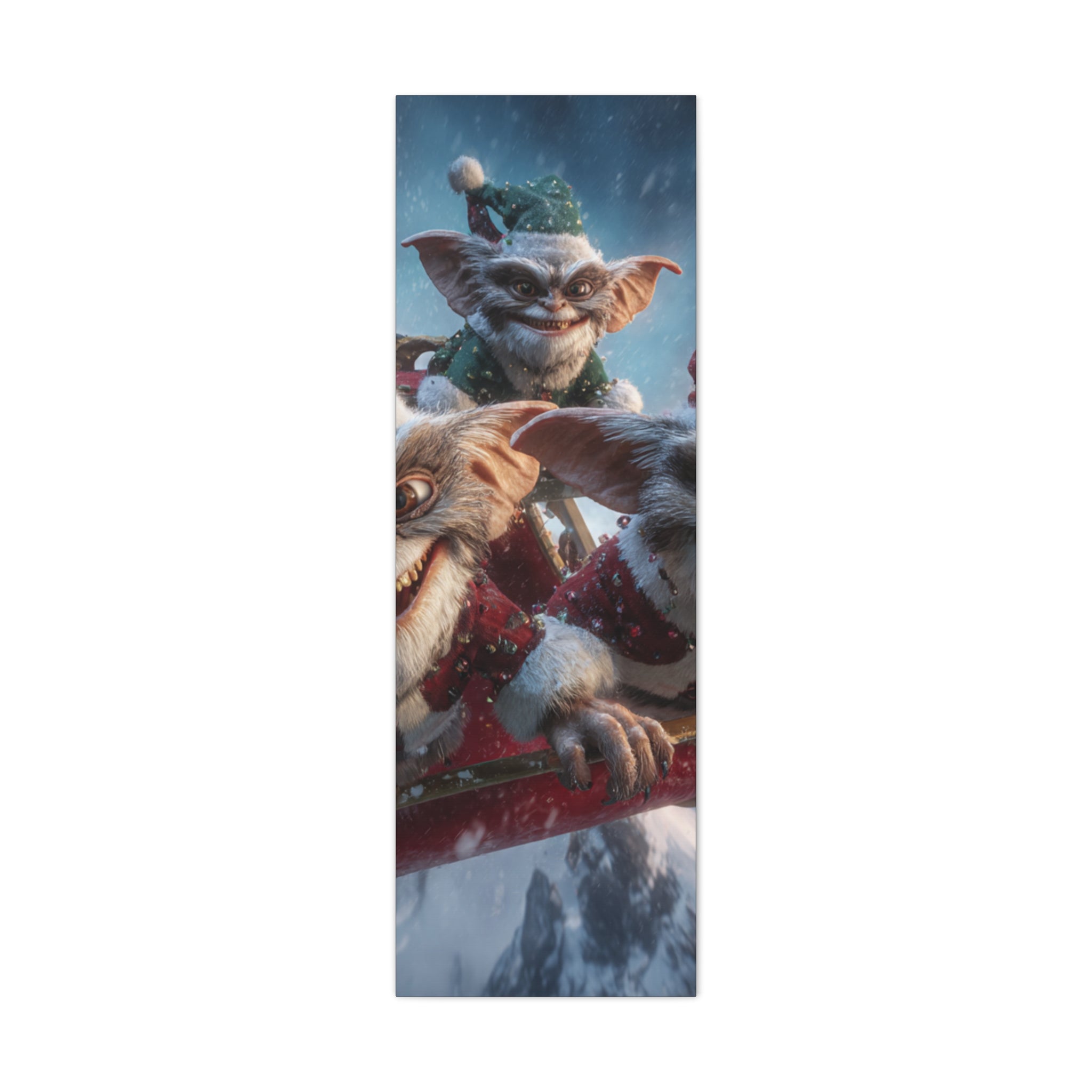 Holiday Gremlin Canvas Print — Festive Mischievous Gremlins in Sleigh
