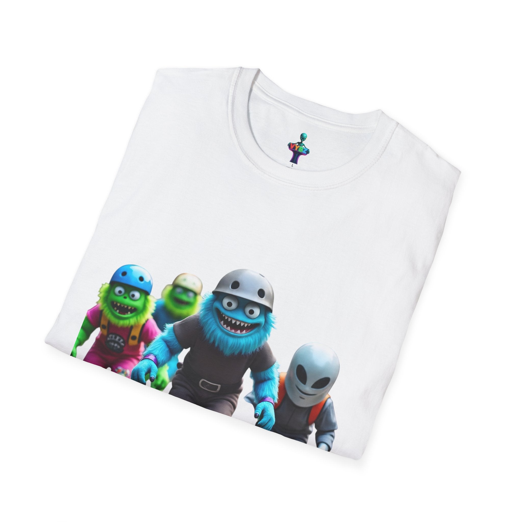 VYBZ Playful Cartoon Retro Skater T-Shirt, Fun Streetwear, Unisex Tee for Kids and Adults, Summer Outfits, Gift for Skateboarding Enthusiasts