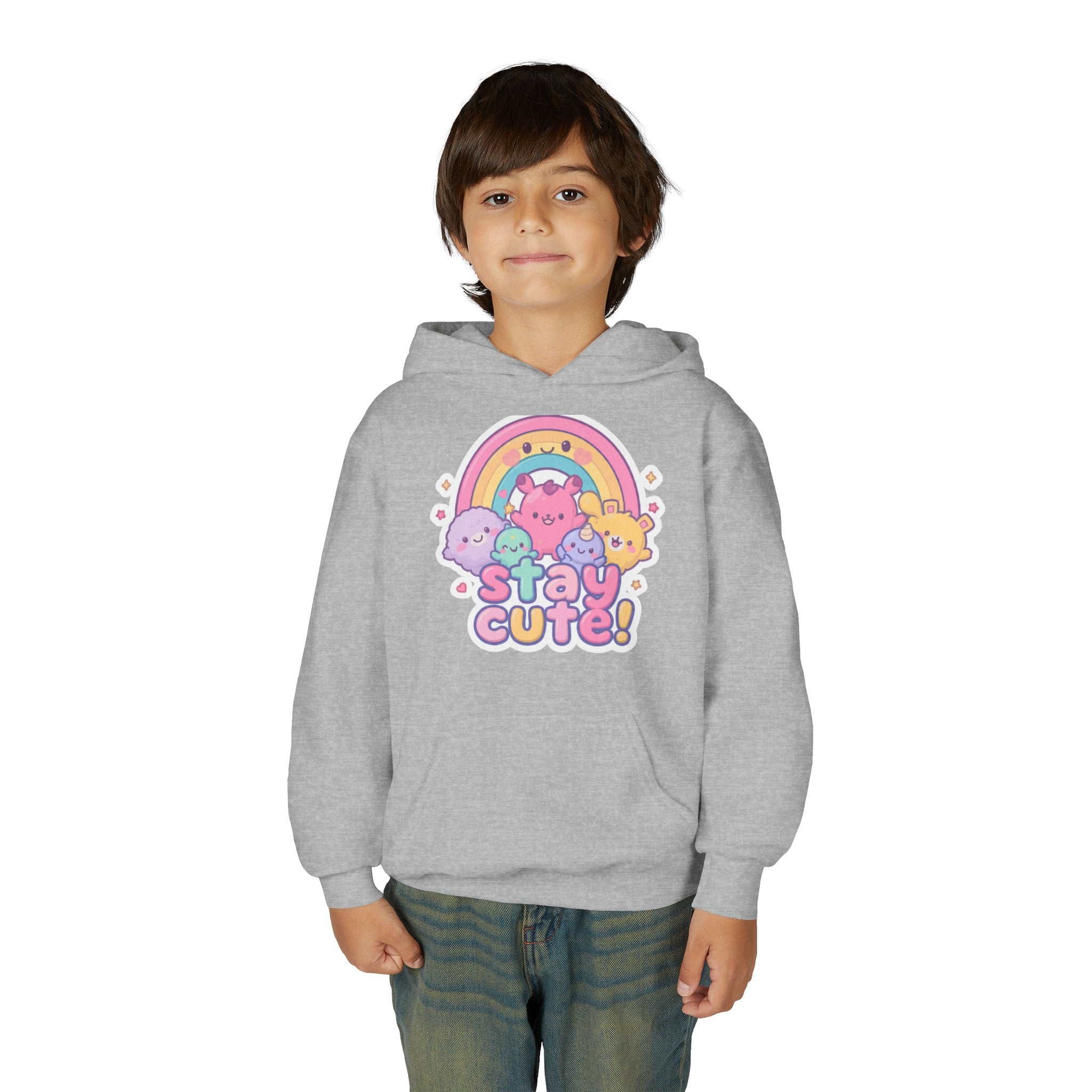 Youth Hoodie — 'Stay Cute!' Pastel Rainbow Kawaii Graphic