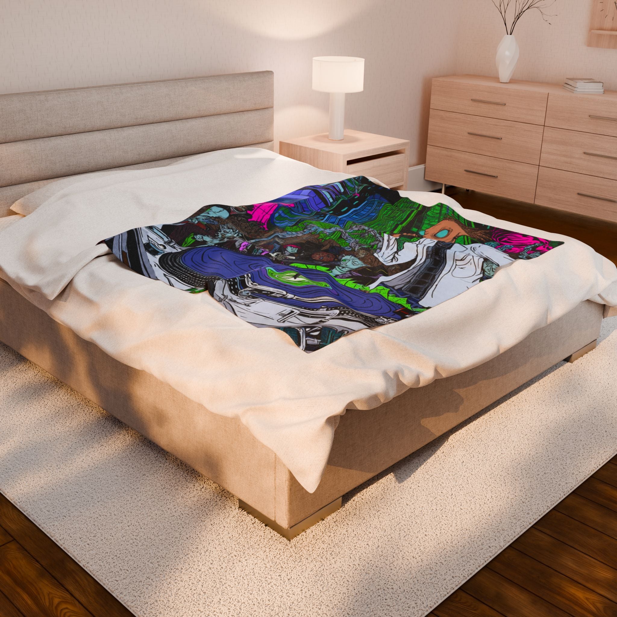 Urban Alien DJ Nightlife Velveteen Blanket | Cozy Home Decor, Music Lover Gift, Festival Vibes, Lounge Essential, Unique Wall Art