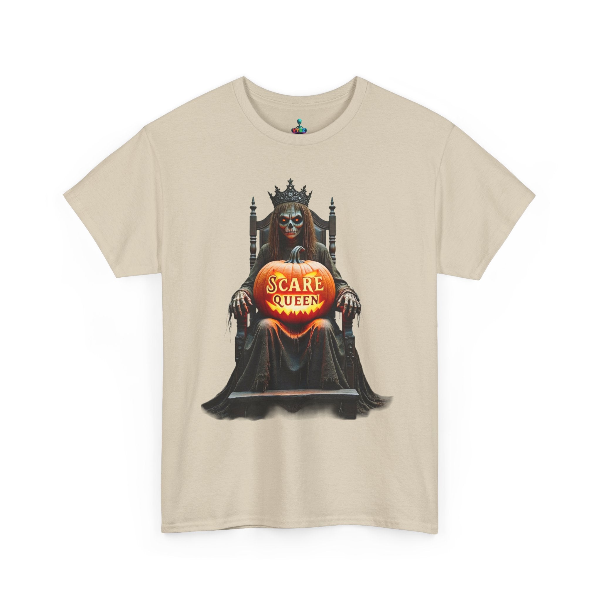 VYBZ Scare Queen Unisex Heavy Cotton Tee, Halloween T-Shirt, Horror Movie Fan Apparel, Gothic Fashion, Spooky Gift