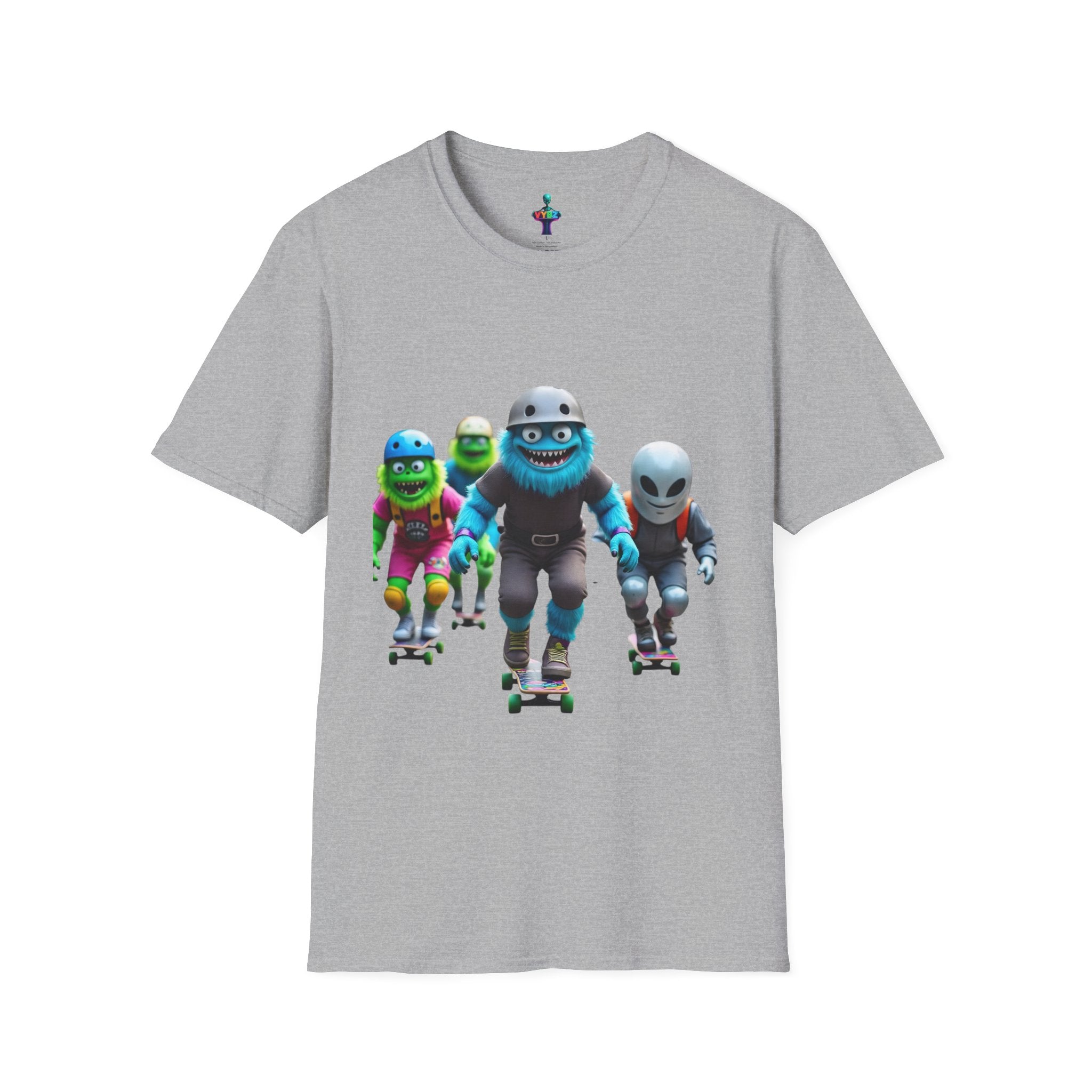 VYBZ Playful Cartoon Retro Skater T-Shirt, Fun Streetwear, Unisex Tee for Kids and Adults, Summer Outfits, Gift for Skateboarding Enthusiasts