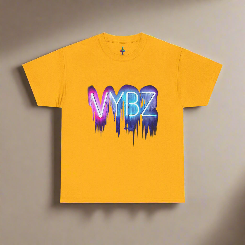 Yellow t-shirt with colorful 'VYBZ' design on a beige background
