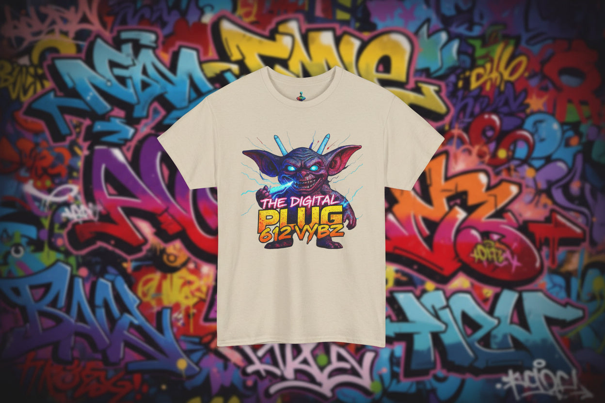 Beige t-shirt with a graphic design of a creature and text on a white background