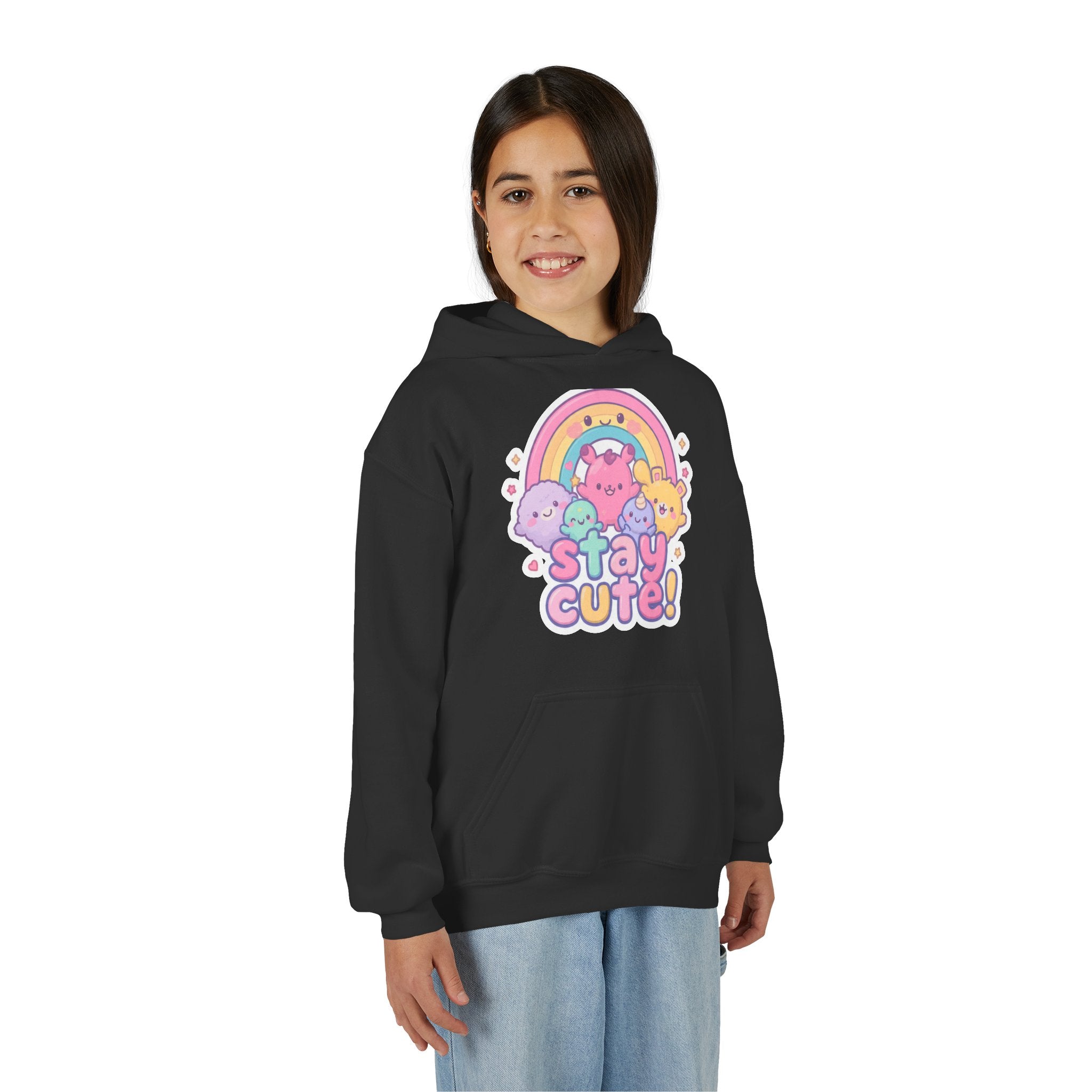 Youth Hoodie — 'Stay Cute!' Pastel Rainbow Kawaii Graphic