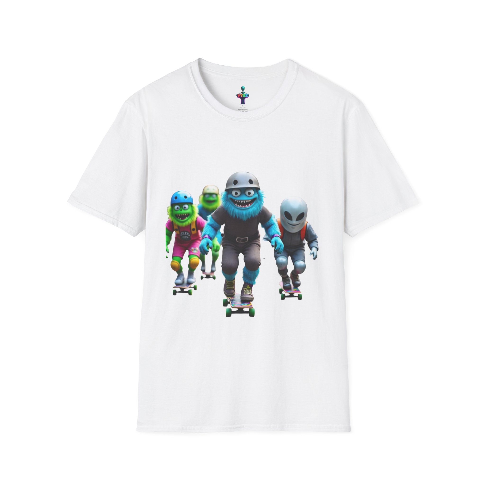 VYBZ Playful Cartoon Retro Skater T-Shirt, Fun Streetwear, Unisex Tee for Kids and Adults, Summer Outfits, Gift for Skateboarding Enthusiasts
