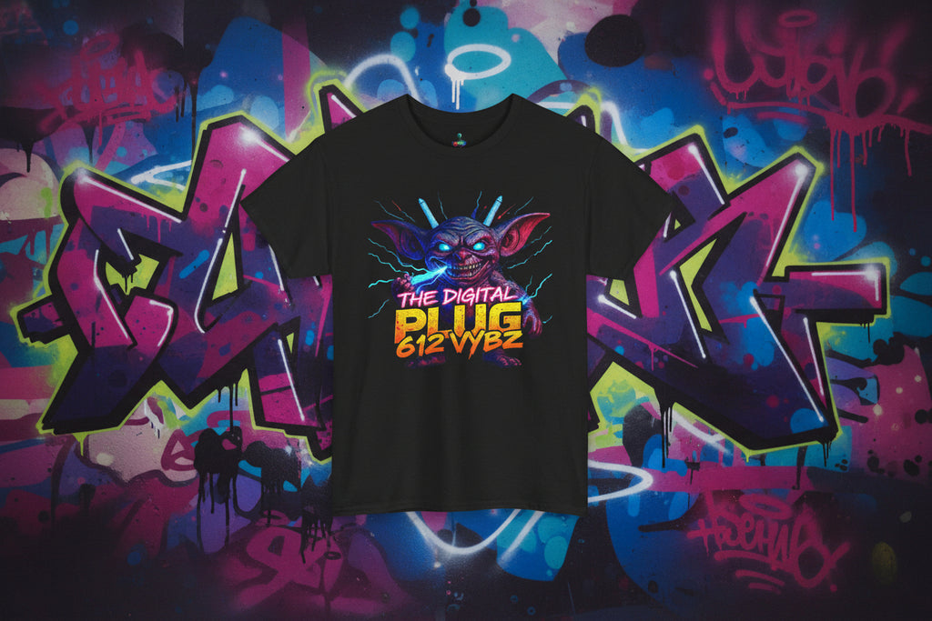 Black t-shirt with a colorful graphic design featuring text on a white background