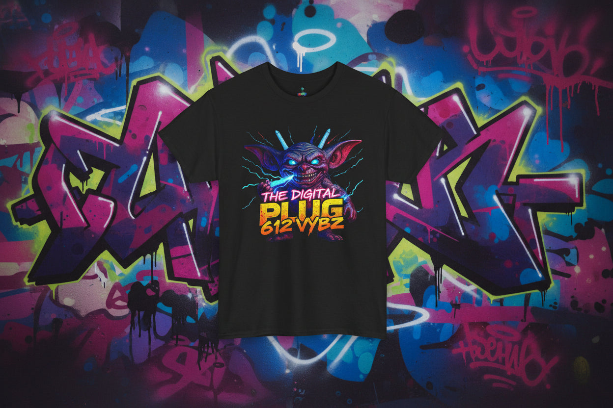 Black t-shirt with a colorful graphic design featuring text on a white background