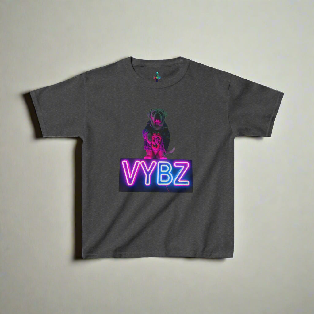 VYBZ Kids Graphic Tee, Neon Dog Shirt, Fun Casual Wear, Birthday Gift, Cool Kids Apparel, Summer Vacation Top