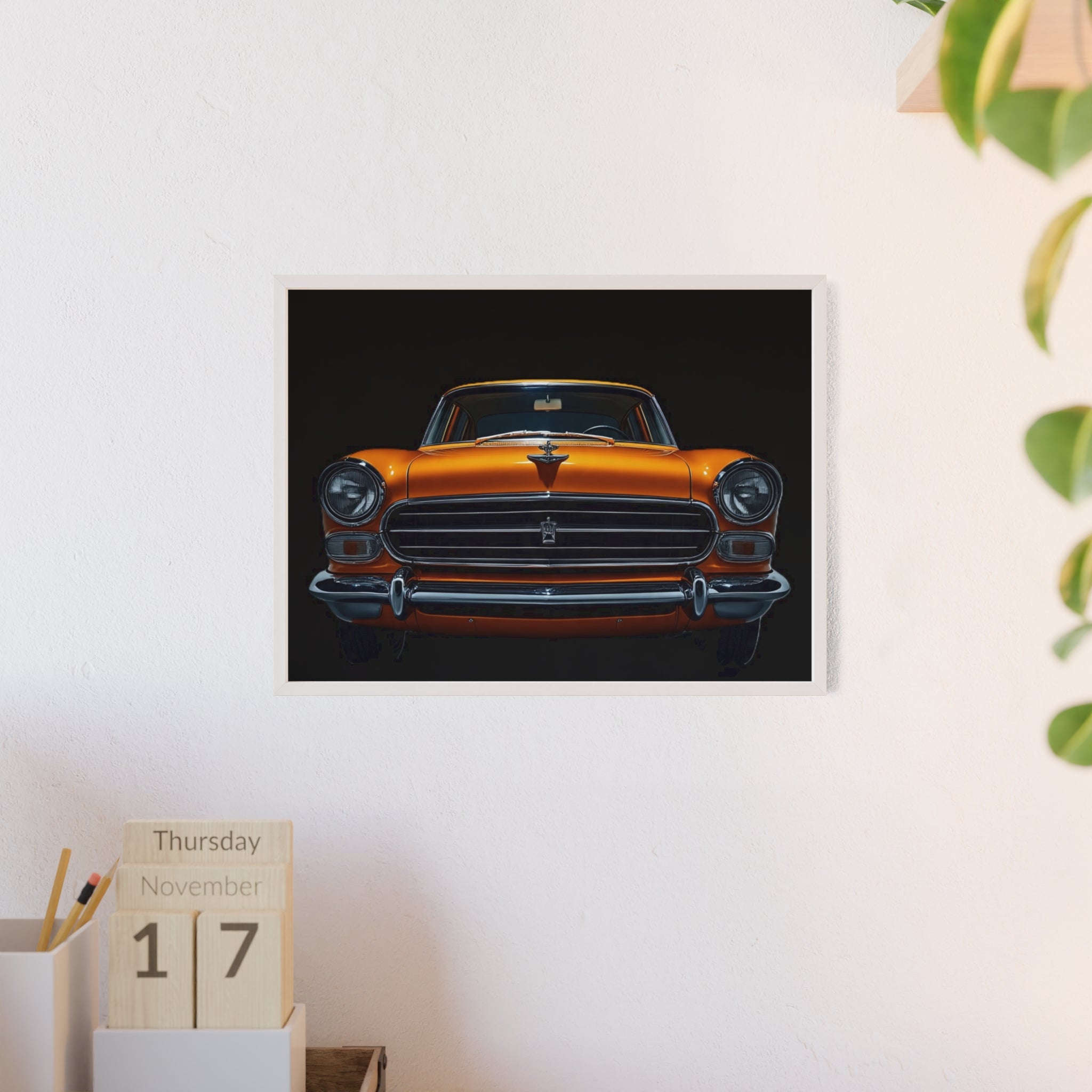 Classic Car Art Poster with Wooden Frame, Vintage Auto Decor, Gift for Car Lovers, Retro Wall Art, Home & Office Decoration