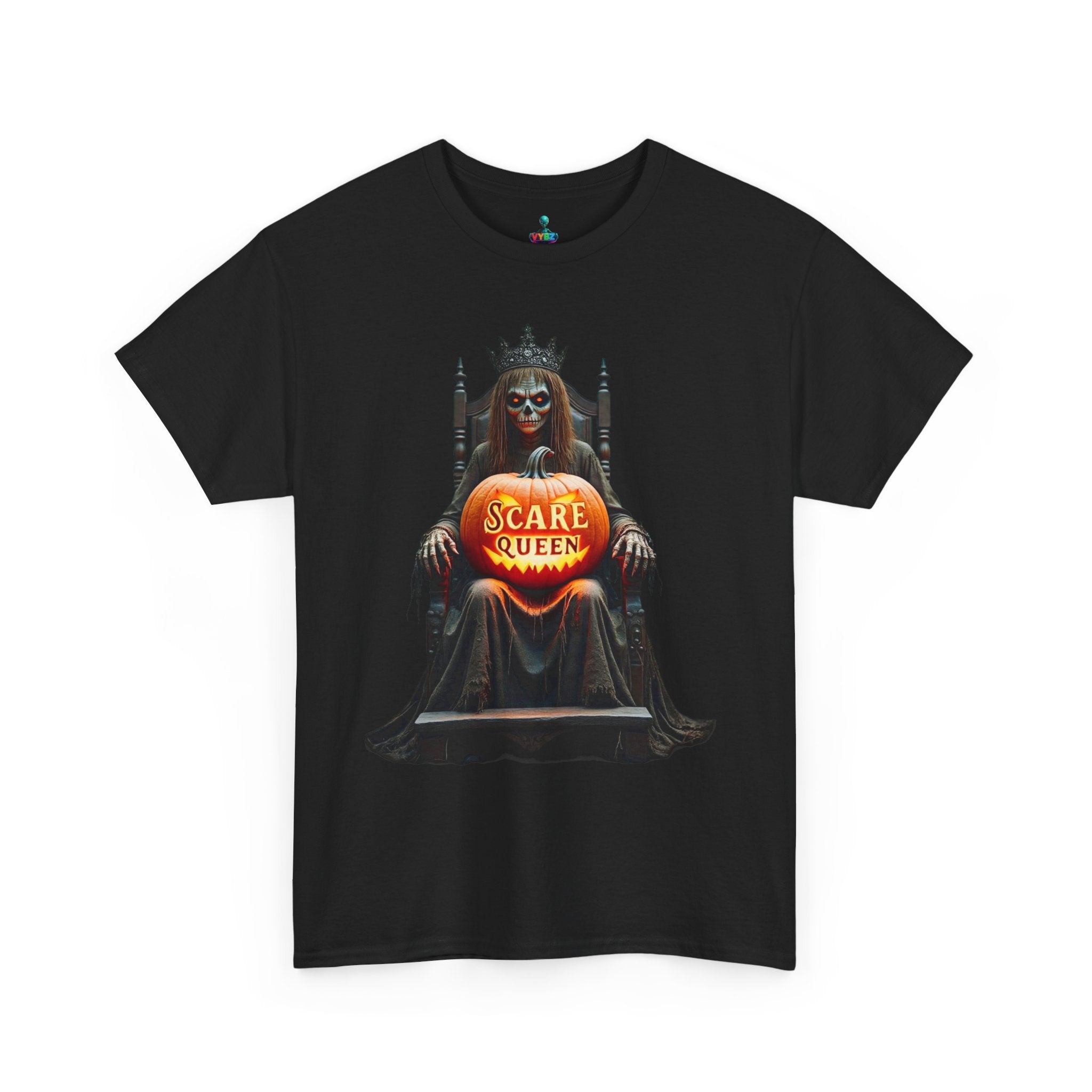 VYBZ Scare Queen Unisex Heavy Cotton Tee, Halloween T-Shirt, Horror Movie Fan Apparel, Gothic Fashion, Spooky Gift