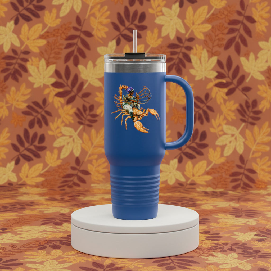 Blue travel mug with a scorpion design on a white background