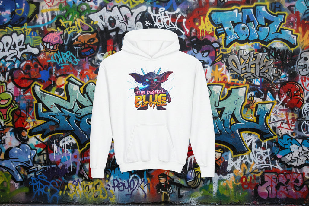 White hoodie with a colorful graphic of a creature and text on a white background