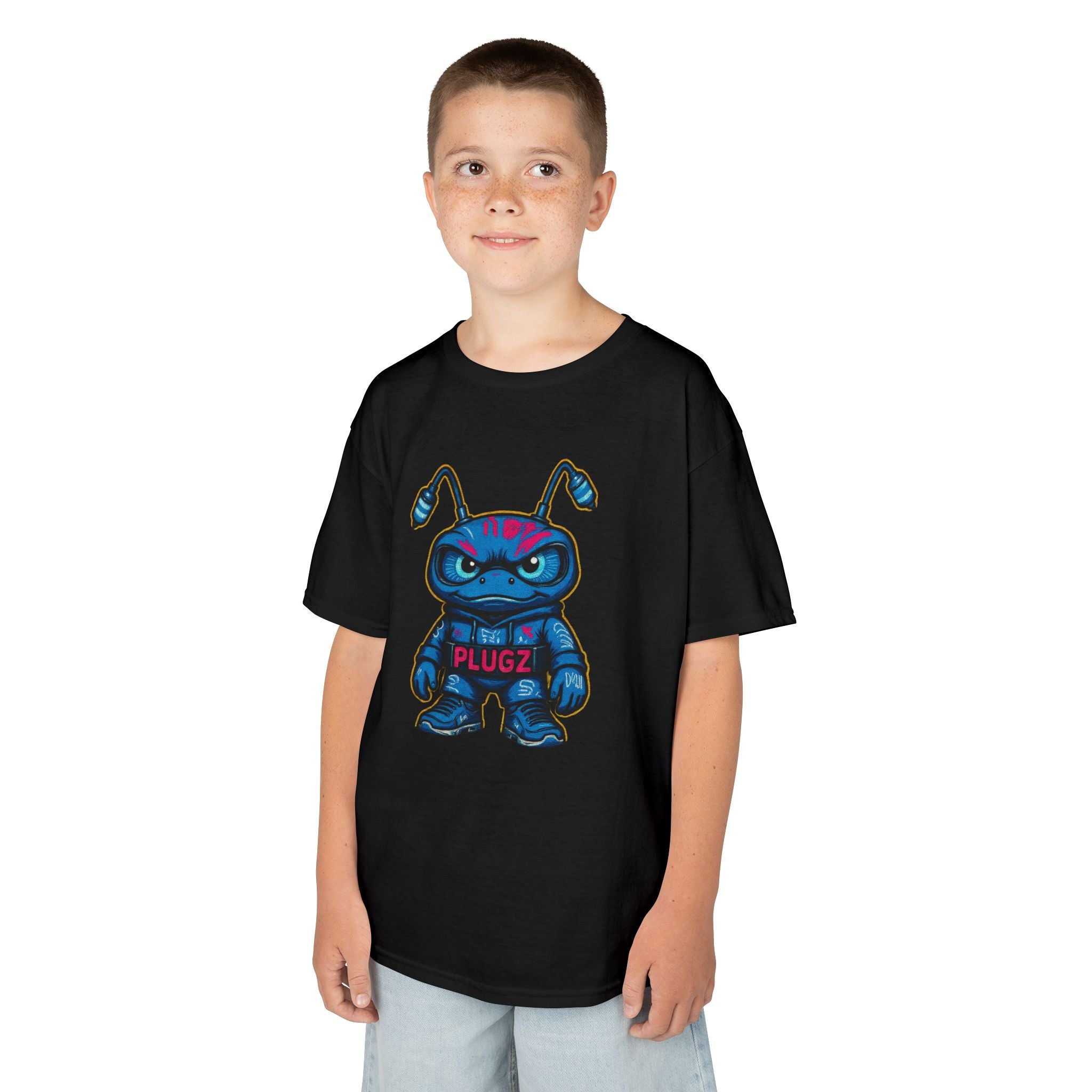 Kids Tee — 'Plugz' Cartoon Monster Front + "Stay Plugged In!" Neon Back